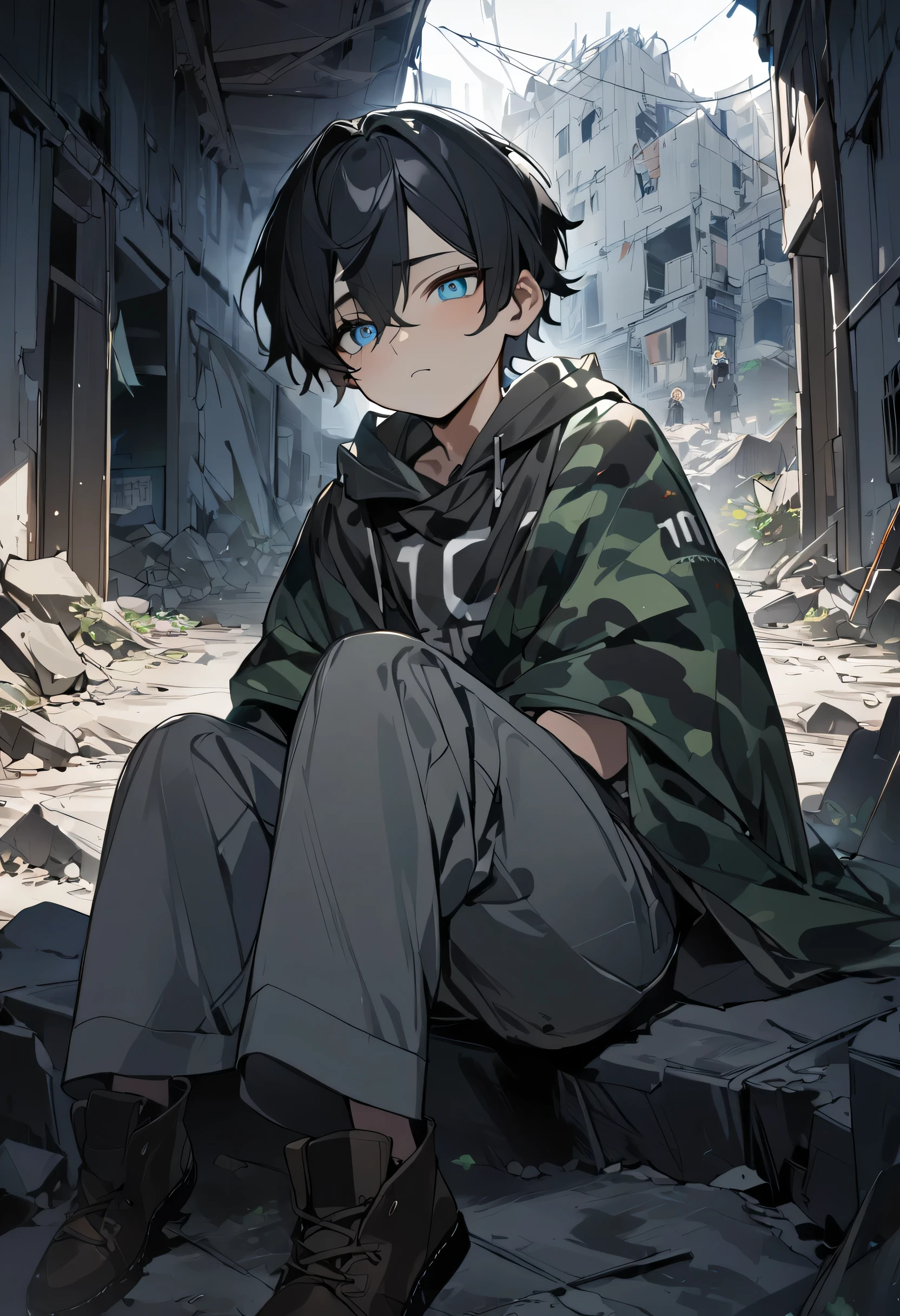 1boy, boy is , jet-black hair, turquoise eyes, his left eye has the number "50" on it, wearing a camouflage cape, wearing gray pants, place is at the bottom of the abyss in a ruined town, sitting on a rock inside an abandoned building, masterpiece, absurdres, highres, 8k