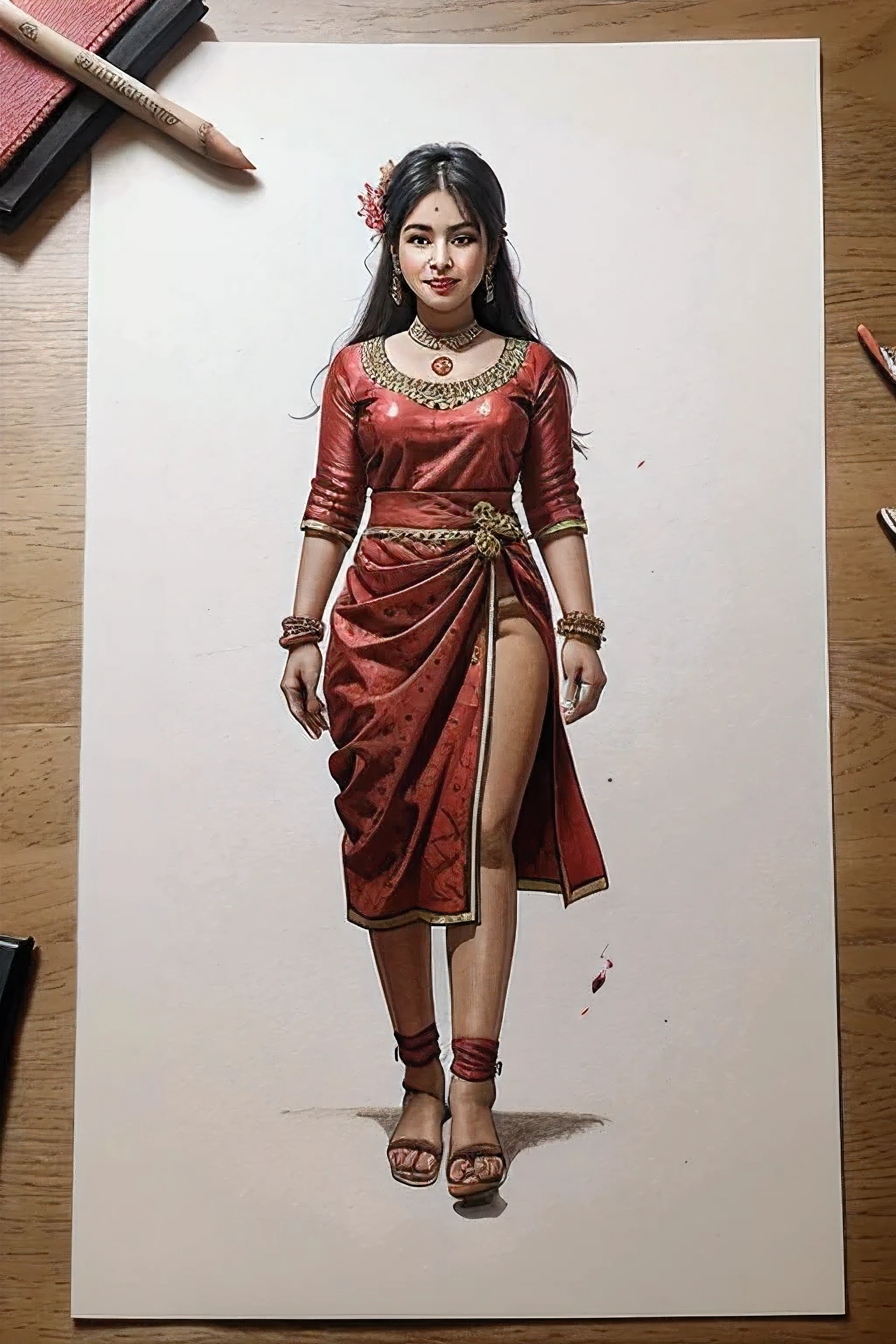 nepali newari traditional dress drawing , drawn in a4 paper , real drawing no ai , sketch , render it into 4k