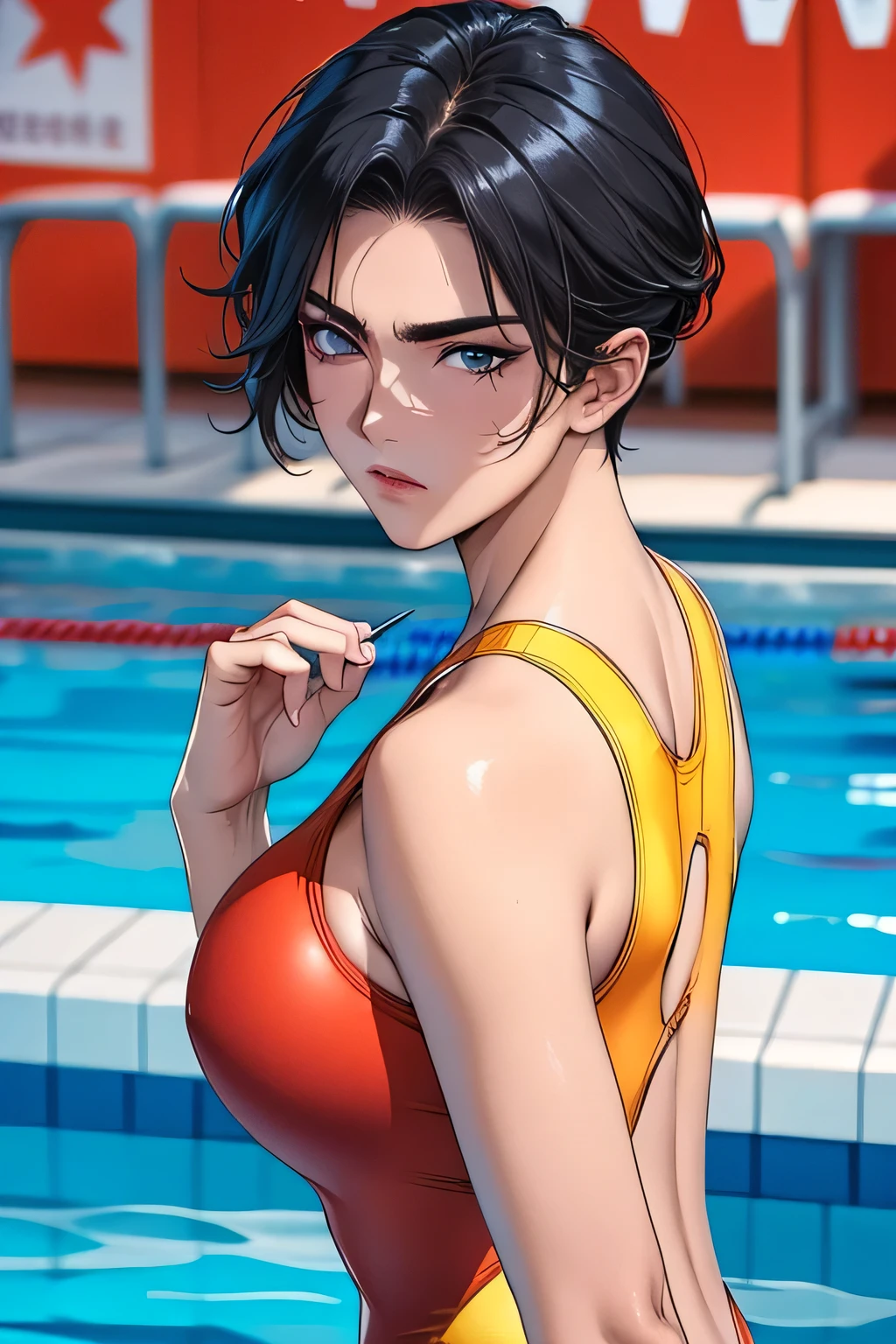 low angle shot，shoot down and up。Crouch down。Contemptuous eyes and firm expression (Glamorous photo of a dedicated female swimmer，She is wearing a red competition swimsuit。), (Strong expression and commitment to excellence:1.2), Inspired by fierce competition,(((milf)))