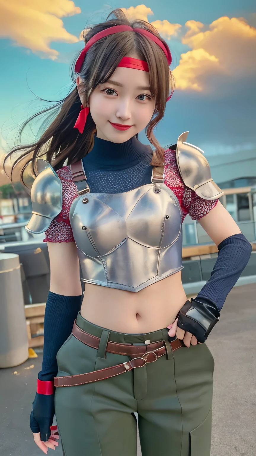 masterpiece, 4k, highest quality, jessie rasberry, (red headband:1.4), armor, blue bodysuit, belt, fingerless gloves, Pouch, green pants, cowboy shot, looking at the viewer, smile、Japanese、cute