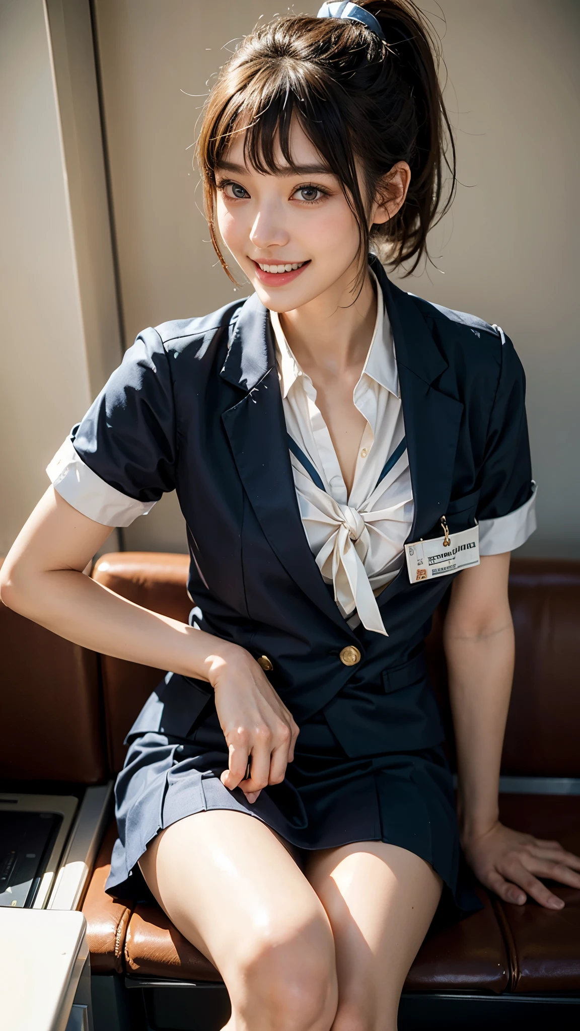 highest quality, masterpiece, ultra high resolution, (realistic:1.4), 20-year-old,1 girl,Super high quality,8k,thinウエスト,thin脚,thin and beautiful arms,beautiful fingers,Sare-eye makeup,thin,Medium chest,soft chest,International flight attendants,stewardess,stewardess制服,JAL uniform,flight attendant uniform,mini skirt,scarf,Uniform with emphasis on breasts,On board the plane,Boarding information in progress,((Ponytail and Hair Tie)),((Bangs short hair)),realistic,picture media chest)),((toothy smile)),((big smile))