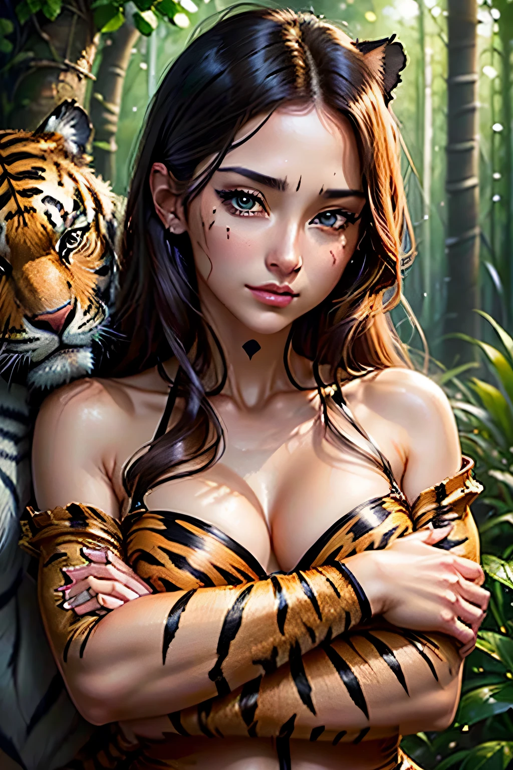 (((close up of face)))､in the jungle､Two Tigers, men and women, I&#39;m relaxing､masterpiece, 最high quality, high quality, High resolution､((Hugging a tiger))