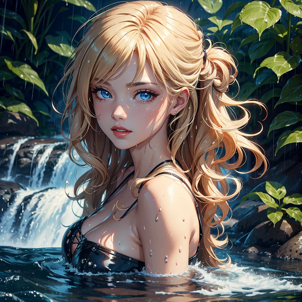 (Best quality, 4K, tmasterpiece :1.Beutiful women, 1 Sister, (, attractive body :1.2), Abs :1.1, blonde hair: 1.1, (rainy wet, wet from rain, Soaked :1.2), long hair, curly hair, The face very detailed, detailed lips, red lips,detailed eyes,  blue eyes, double eyelid, smile, waterfall background.