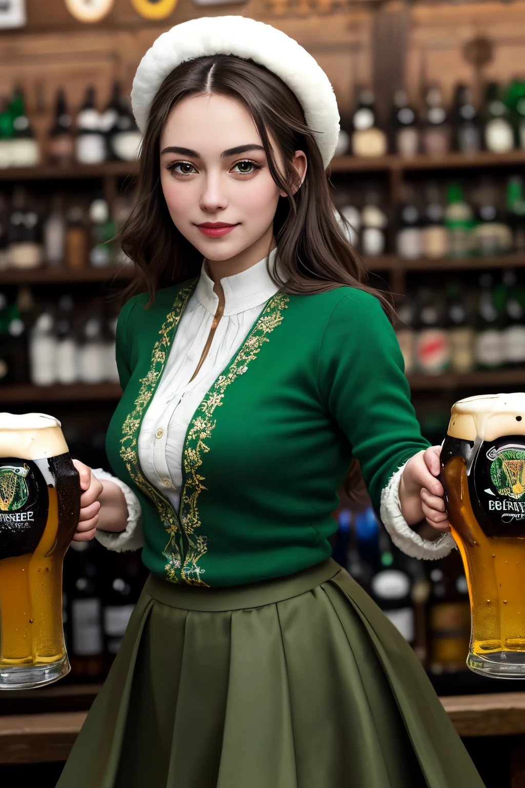((best quality)), ((masterpiece)), (detailed), perfect face
1girl, green skirt, guiness beer, irish, glover, st patric day, dance, beer hold hand