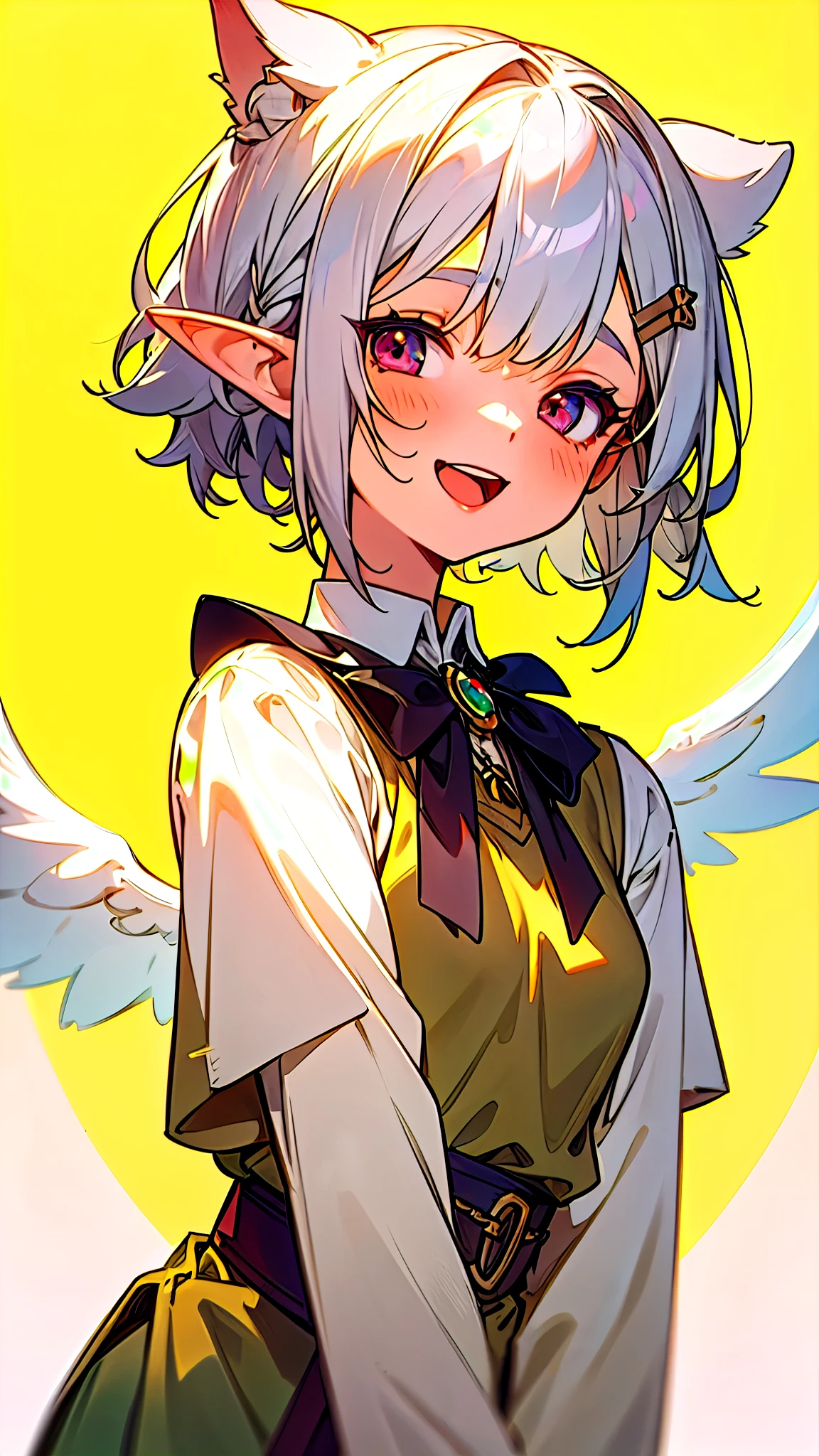 １girl、small breasts、angelic face, goblin, elf ears hair, Short hairstyles for silver hair and bob、Hair tied up in a bun with a hair clip、Shining pink round eyes, cute, yellow peasant tunic, Medieval, Medieval city background, bust portrait neck up, big smile, open your mouth, painterly