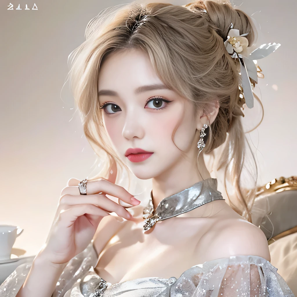 (8k)、(best image quality:1.5)、gray background、close up of face、1girl、masterpiece、delicate and sharp eyes、brown eyes、eye power、delicate face、cup、fascinating face、platinum blonde hair、Semi-long wave、white cheongsam、Chinese dress that shows the collarbone、gal、Emphasis on the clavicle、earrings、necklace、