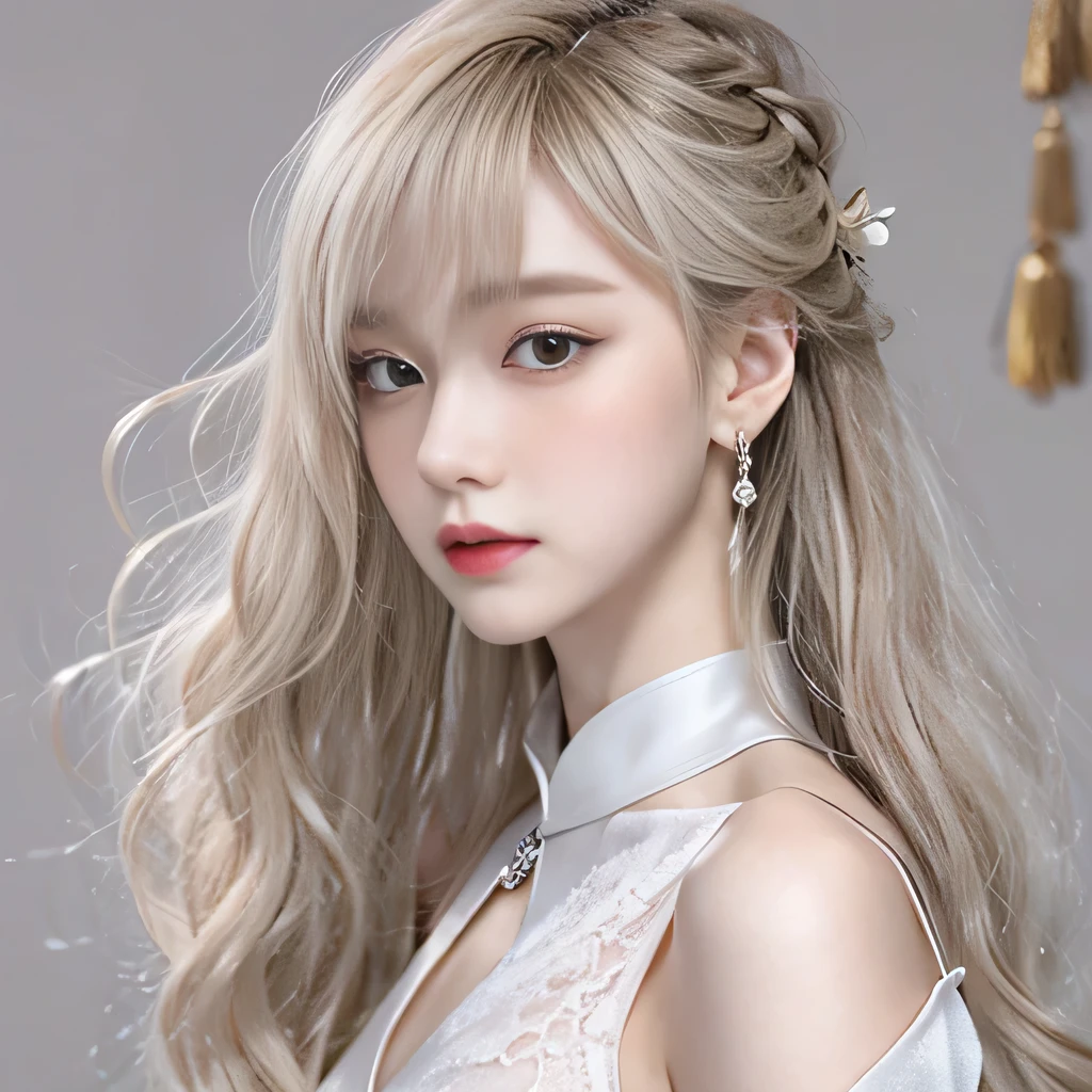 （8k）、（best image quality:1.5）、gray background、close up of face、１girl、masterpiece、delicate and sharp eyes、brown eyes、eye power、delicate face、cup、fascinating face、platinum blonde hair、Semi-long wave、white cheongsam、Chinese dress that shows the collarbone、gal、Emphasis on the clavicle、earrings、necklace、