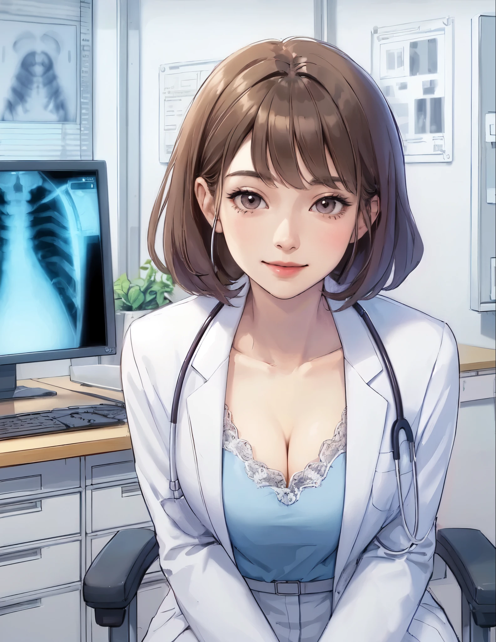 1lady solo, sitting, (looking at viewers), (white lab coat) stylish outfit, mature female, /(light brown hair/) bangs, kind smile, (masterpiece best quality:1.2) delicate illustration ultra-detailed, large breasts, /(stethoscope around neck/) BREAK (hospital examination room) indoors, work desk, (x-ray photo), detailed background