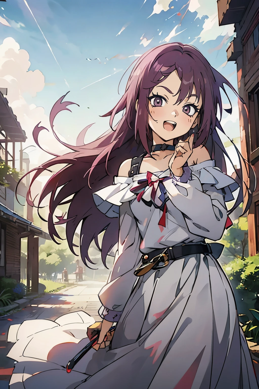 masutepiece, Best Quality, Ultra-detailed, Kisho, jigokuraku, 1 girl, reddish Purple hair, Gray eyes, showa town, Ruins, Bang, Beautiful sky, shining sky, Sunshine, Smiling, Waving, Black Belt, black choker, Dresses that blow the wind, black Lace dress, wool sweaters, long sleeves, Off-shoulder sleeves