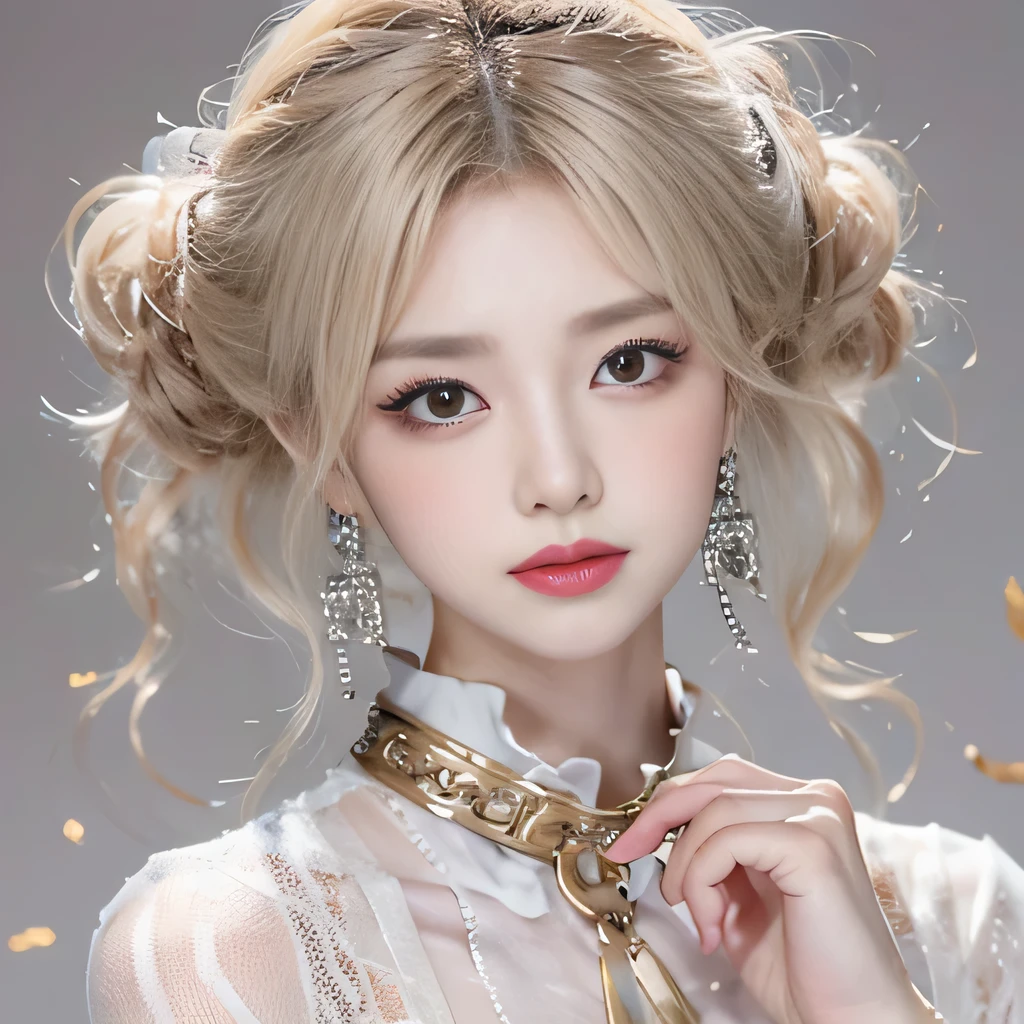 （8k）、（best image quality:1.5）、gray background、close up of face、１girl、masterpiece、delicate and sharp eyes、brown eyes、eye power、delicate face、cup、fascinating face、platinum blonde hair、Semi-long wave、white cheongsam、Chinese dress that shows the collarbone、gal、Emphasis on the clavicle、earrings、necklace、