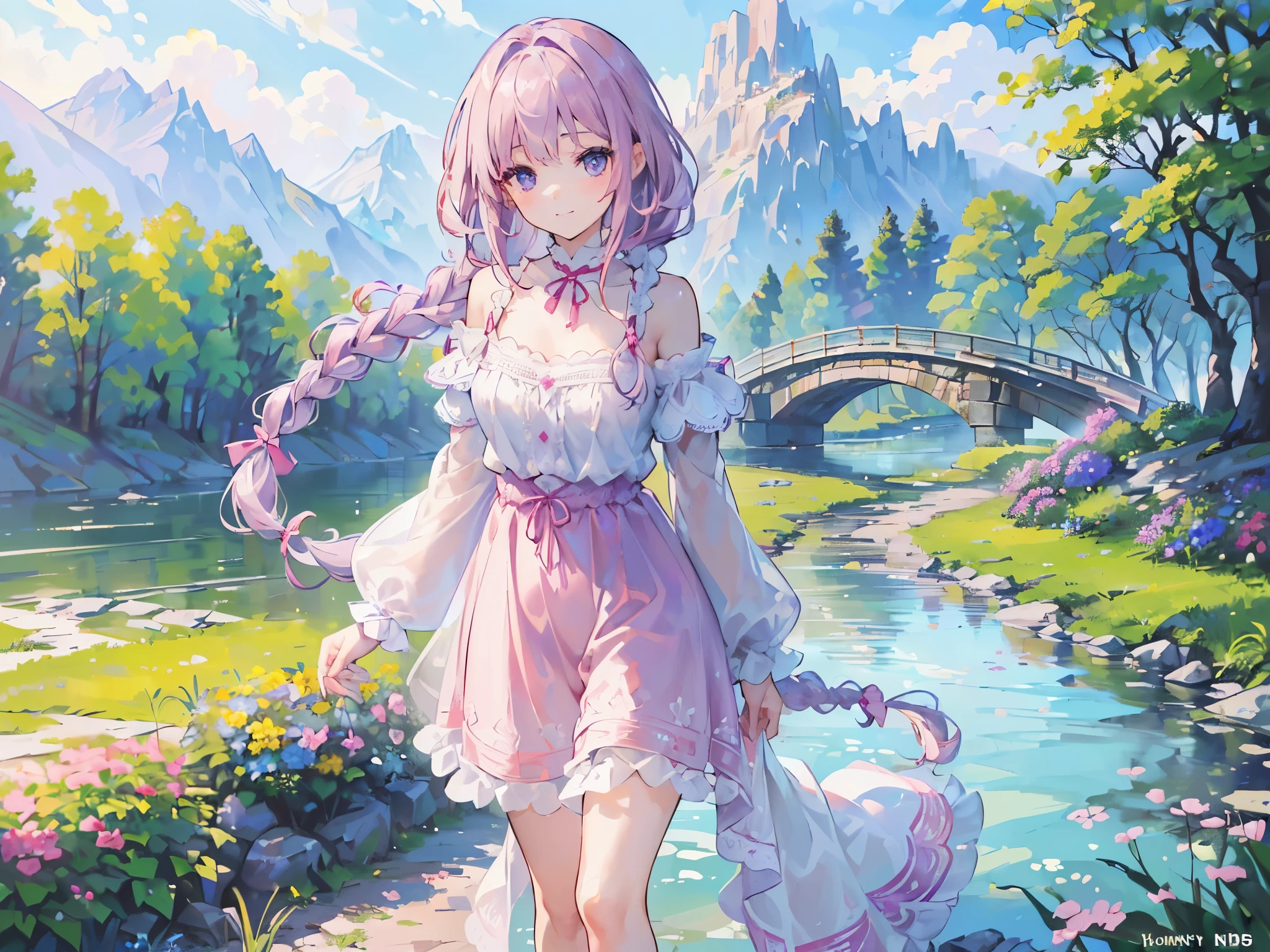 1girl, (((masterpiece))), (((best quality))), (((high resolution))), (((extremely detailed))), (((8k))), (((extremely lovely and delicately and naturally detailed elegant girl))), (((exteremely detailed eyes))), (((detailed soft light))), (((silky pink mix purple hair))), (((long braided hair))), (((warm cute casual outdoor clothes))), (cute hair ribbons), (shoulder), (cleavage), (((walking in a beautiful village))), ((beautiful and detailed mountain in the background of the village)), (sunny), (sunlight), (shades), (soft shadow), (tree), (bush), (beautiful grass), (flowers), (river), (small bridge across the village), (feminine pose), (sweet smile), ((modelshoot style)), ((full shot)), ((dynamic angle)), ((cinematic)), ((85mm)), ((hdr))
