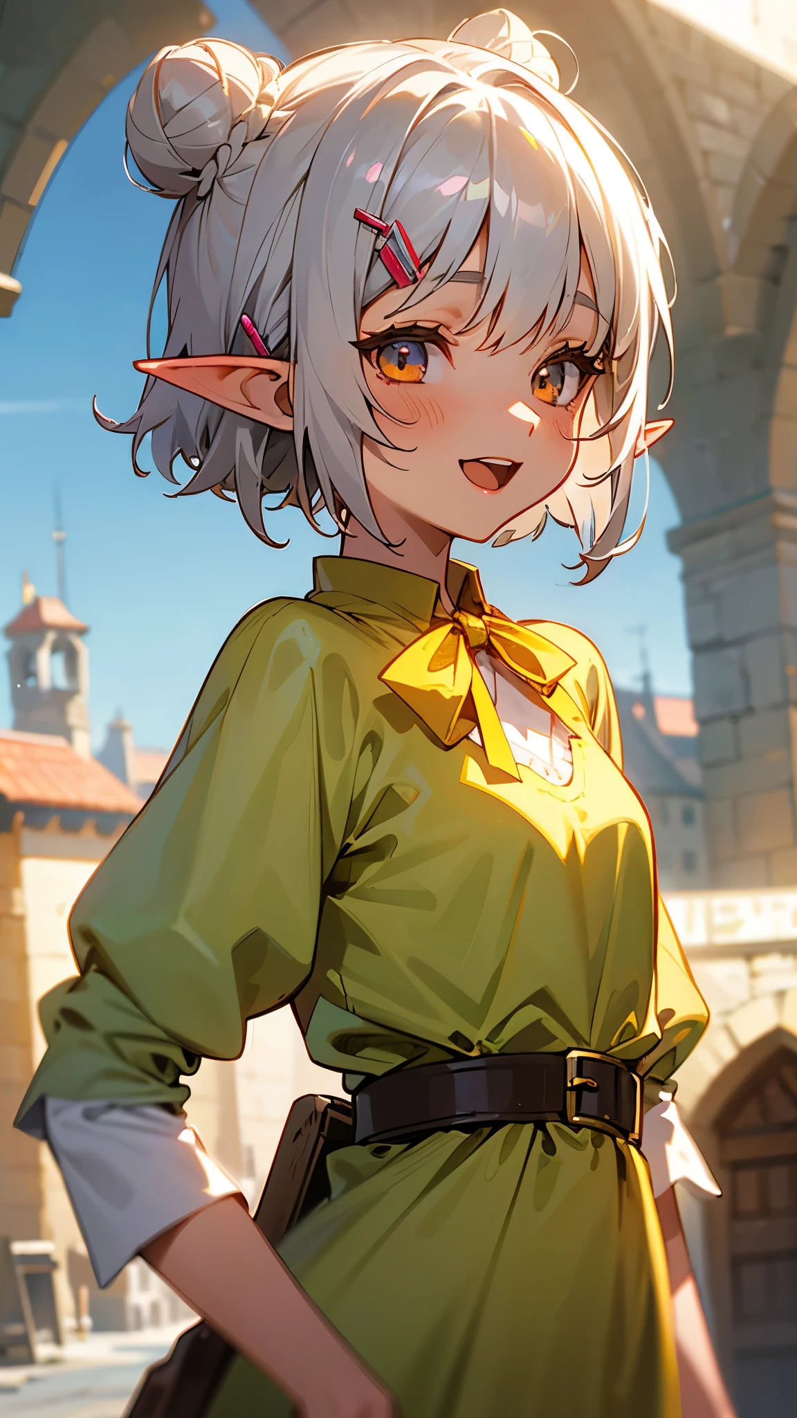 1girl、small breasts、angelic face, goblin, elf ears hair, Short hairstyles for silver hair and bob、Hair tied up in a bun with a hair clip、Shining pink round eyes, cute, yellow peasant tunic, Medieval, Medieval city background, bust portrait neck up, big smile, open your mouth, painterly、sharp outline