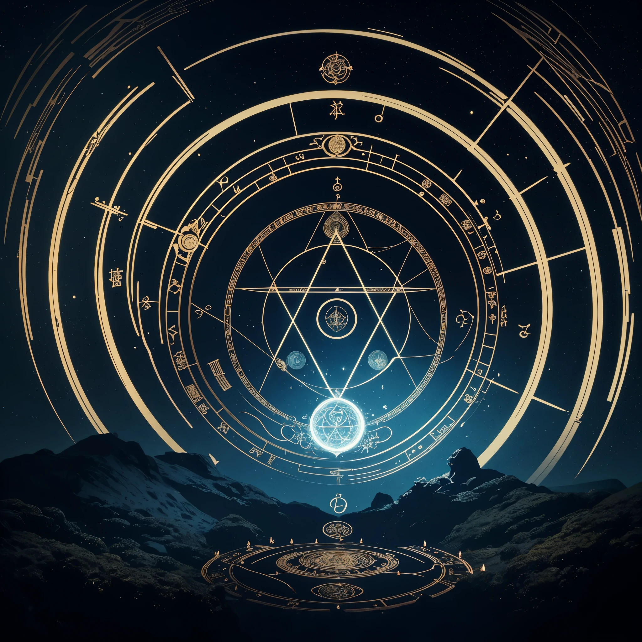 円形のmagic陣の接写, intricate wiccan spectrum, オカルト美学alchemy, Summoning array, geometry and astrology, an alchemy art illustration, mystic alchemy occult art, astrology, magic, circle of old women, magic symbols, nocturnal spiritual scene, More on complex Wiccan scenes, alchemy, オカルトalchemy