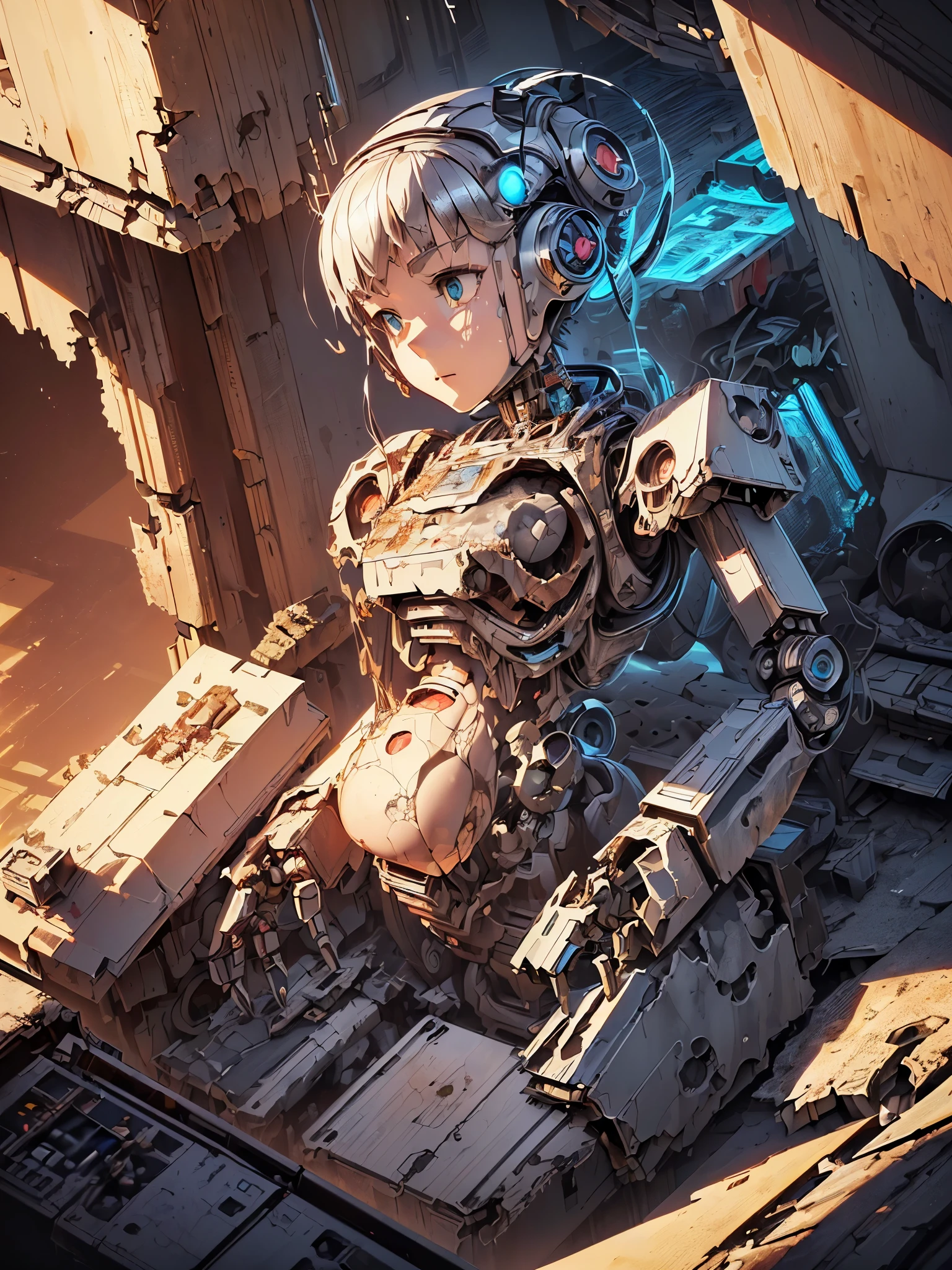 ((highest quality)),(ultra high resolution),(Super detailed),(detailed description),((best CG)),(best work of art),super precision art,amazing drawing art,(Sci-fi art with precise details:1.5), (female robot:1.6),(sharp mechanical face:1.5),,(Precise and detailed mechanical body:1.6,),clear parts:1.8,cylinder,cable connected to backpack,((destroyed body:1.7))