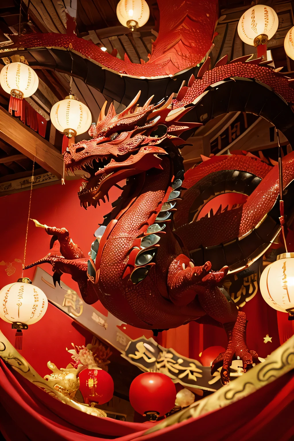 Ultra HD quality，The red Chinese dragon curls up in the center of the frame，looking down at you，Surrounded by decorations full of rich Chinese culture