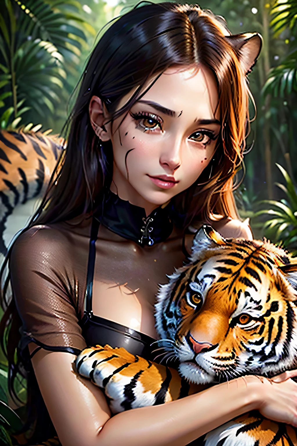 (((close up of face)))、in the jungle、Two Tigers, men and women, I'm relaxing、masterpiece, 最high quality, high quality, High resolution、((Hugging a tiger))