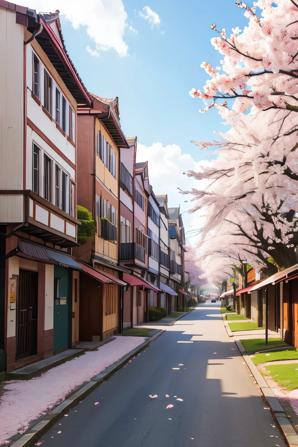 cherry blossom trees in a fantasy city