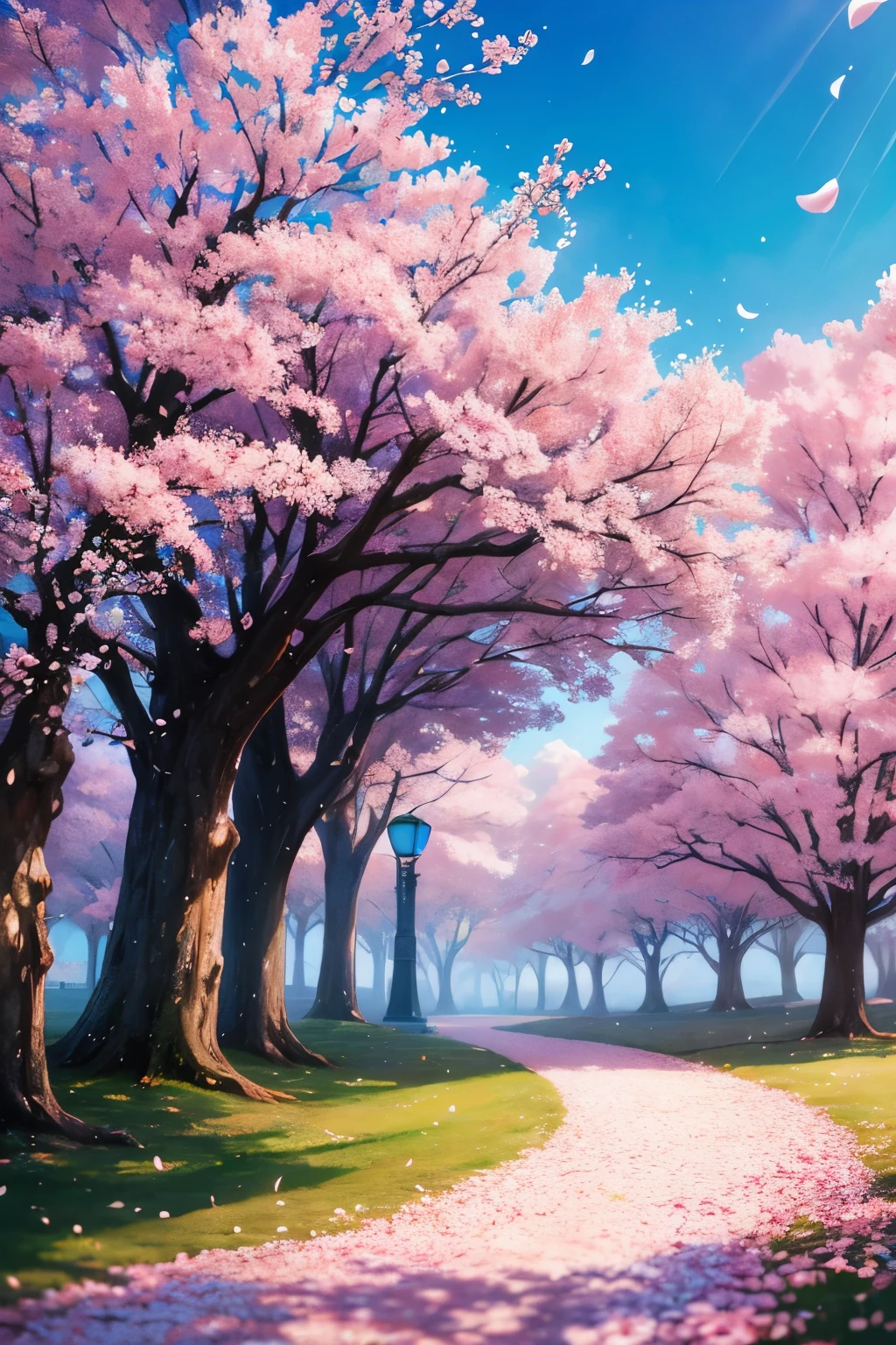 cherry blossom trees in a fantasy city