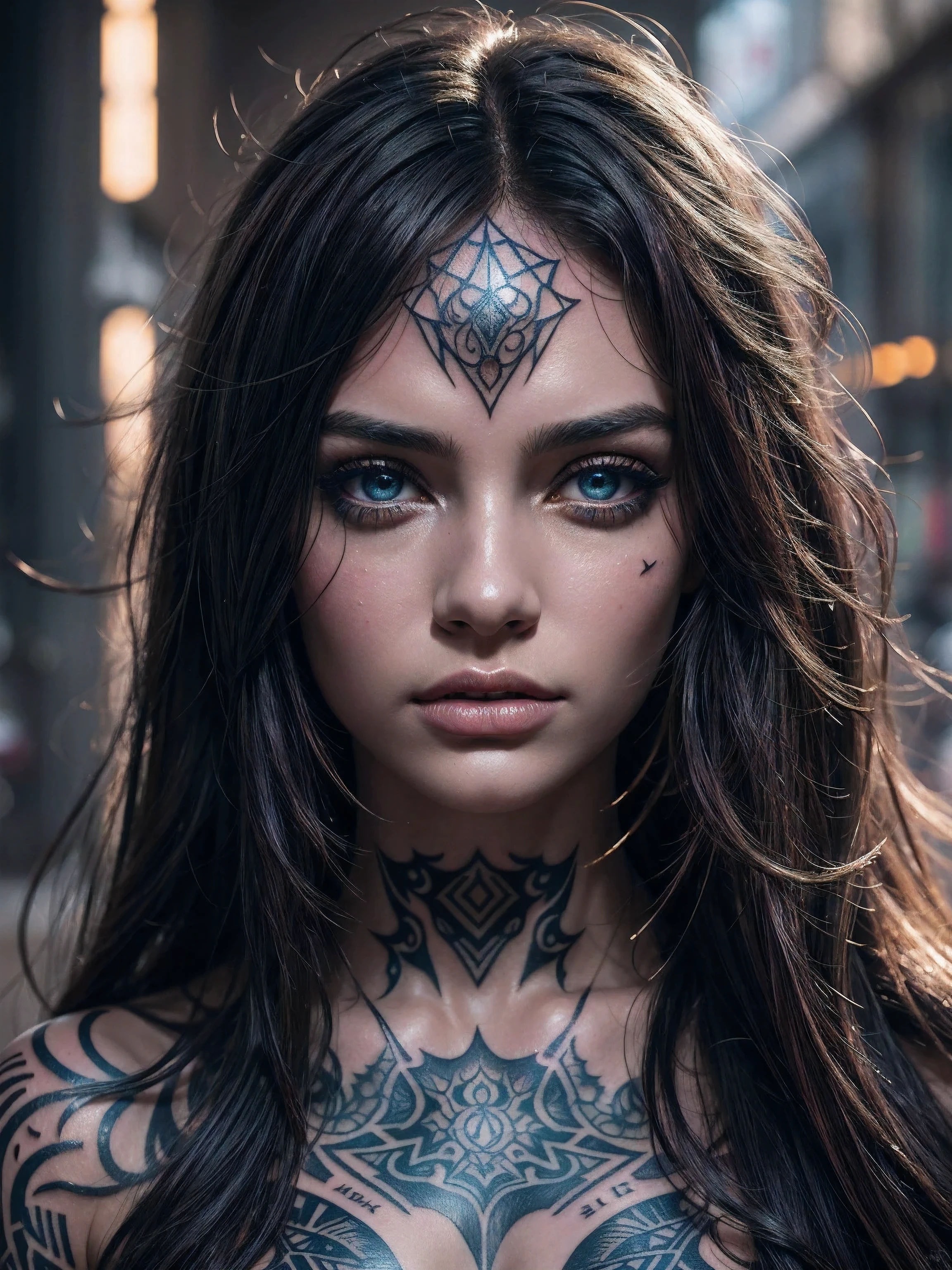 Beautiful dramatic girl in cyberpunk style, fantastic portrait, clothes consisting of a weave of translucent wires with gold flecks, 3/4 close-up, intrusive, saturated, intricate background, thought-provoking, textured image, spots, scattered rays of light, flickering light, realistic skin texture, gaze, platinum, shimmering rain, shimmering makeup, (((tattoos))), unearthly, inlay, translucent shining eyes, curls, bizarre, ornate, matte poster, highly detailed, hyperdetalized face and eyes, disheveled hair fluttering in the wind, overly detailed, scattered chaotic light