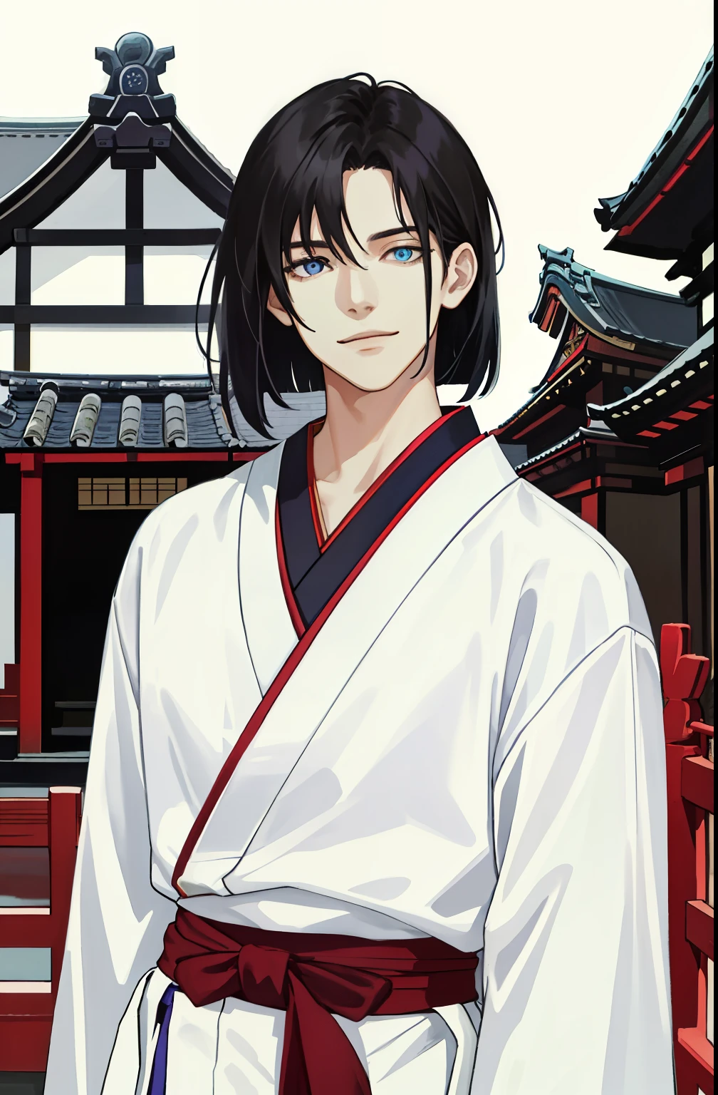 masterpiece, wonderful, male, good looking, black straight bob hair, a white top tied at the waist, blue pants, and a purple belt, Detailed depiction of eyes and face, portrait, Upper body, gentle smile, 8k, front light, face glow, face without shadow, ghibli spirited vibe, standing on an ancient Japanese bridge in front of traditional red buildings