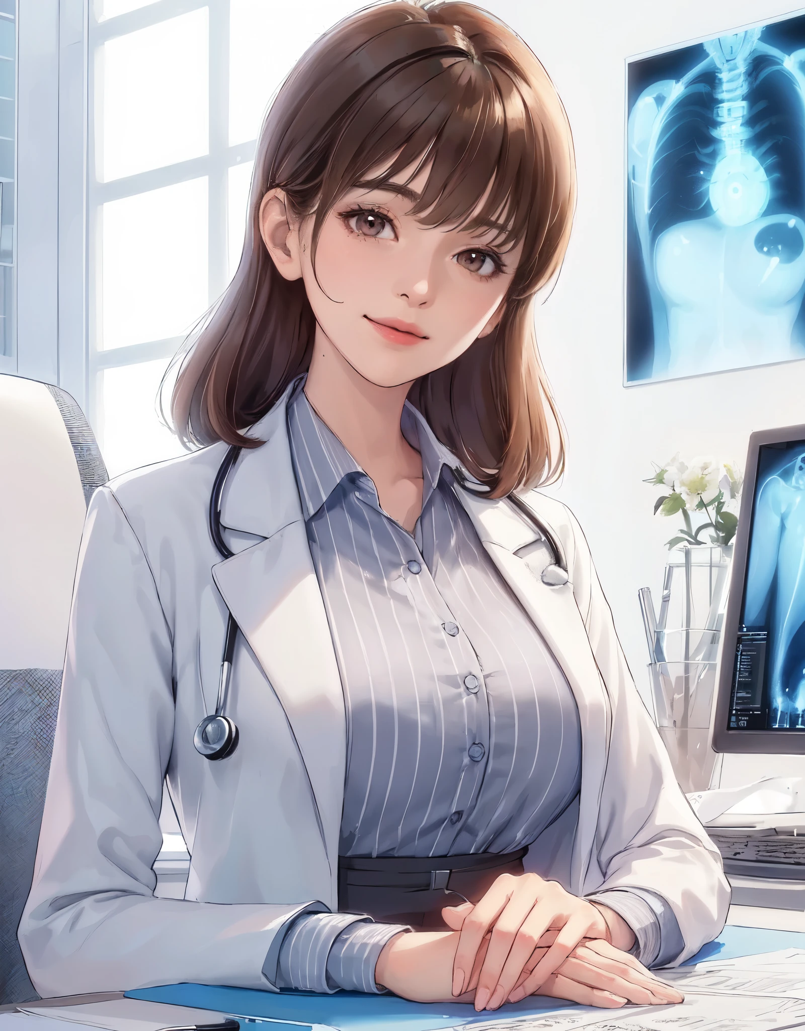 1lady solo, sitting, (looking at viewers), (white lab coat) stylish outfit, mature female, /(brown hair/) bangs, kind smile, (masterpiece best quality:1.2) delicate illustration ultra-detailed, large breasts, /(stethoscope around neck/) BREAK (hospital examination room) indoors, work desk, (x-ray photo), detailed background