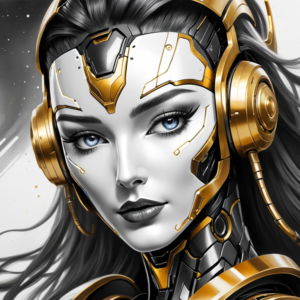 ,(character sketch:1.1),(charcoal drawing:1.2),Sketch,(pencil drawing:1.3),Charcoal painting style,Black -white-gold ,character sketch, high resolution, 1womanl, Solo, (Detailed face), kda,bioluminic, Black and white and gold colors galactic cybernetic mask, (abstracted, Make a sketch of a robot with high technology:1.5), Part description, SH4G0D,