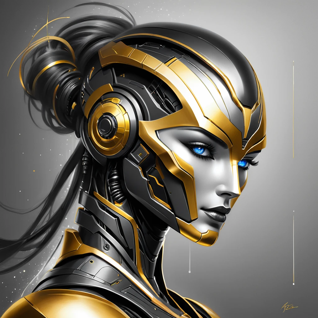 ,(character sketch:1.1),(charcoal drawing:1.2),Sketch,(pencil drawing:1.3),Charcoal painting style,Black -white-gold ,character sketch, high resolution, 1womanl, Solo, (Detailed face), kda,bioluminic, Black and white and gold colors galactic cybernetic mask, (abstracted, Make a sketch of a robot with high technology:1.5), Part description, SH4G0D,