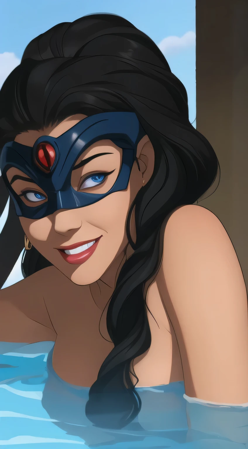 ((close-up)), a 25yo woman (wavy black hair, smile), (wearing black bikini), ((Red Eye Mask)), perfecteyes (blue eyes), in a pool, (masterpiece, best quality:1.2), photorealistic, HDR, 4K, 8K, 16K