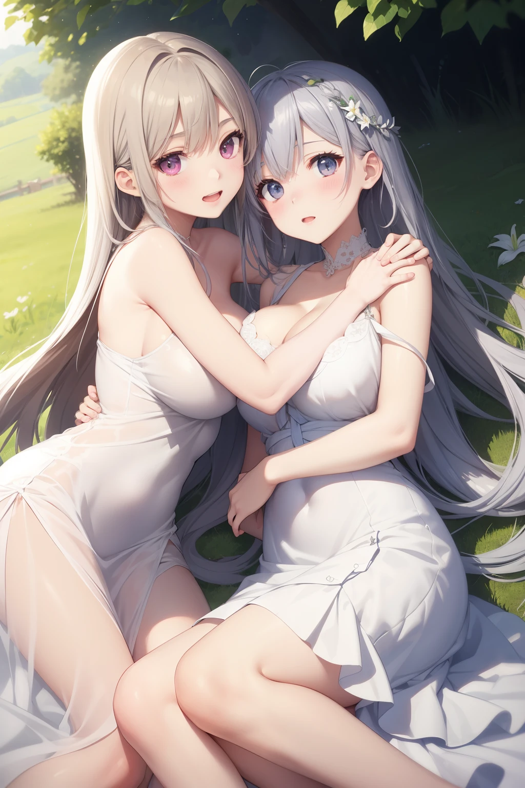 big breasts:1.2、、highest quality、very detailed、Very realistic eye masterpiece、highest quality、very detailed、gray hair、perfect face、long hair、white dress、sundress、lily、two girls、anime、countryside、hug each other、lie down