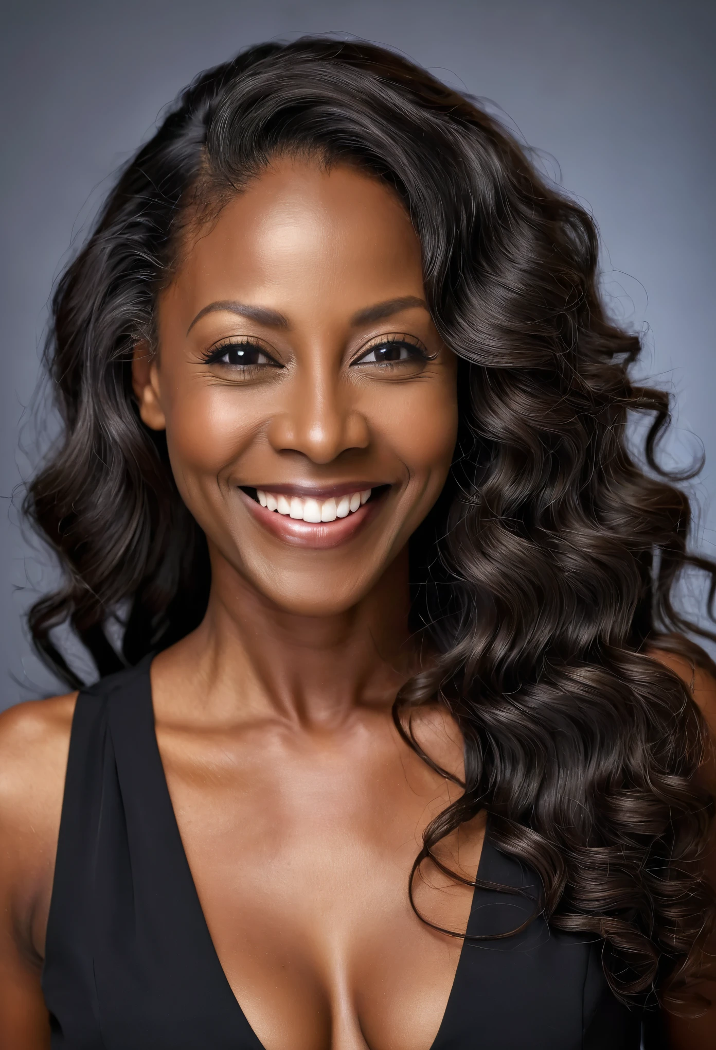 Portrait of a beautiful black mature lady, 35 years old, dark skin, her long wavy black hairs are cascading in her back, subtle smile, few wrinkles on her face, looking at the viewer, wearing business outfit.