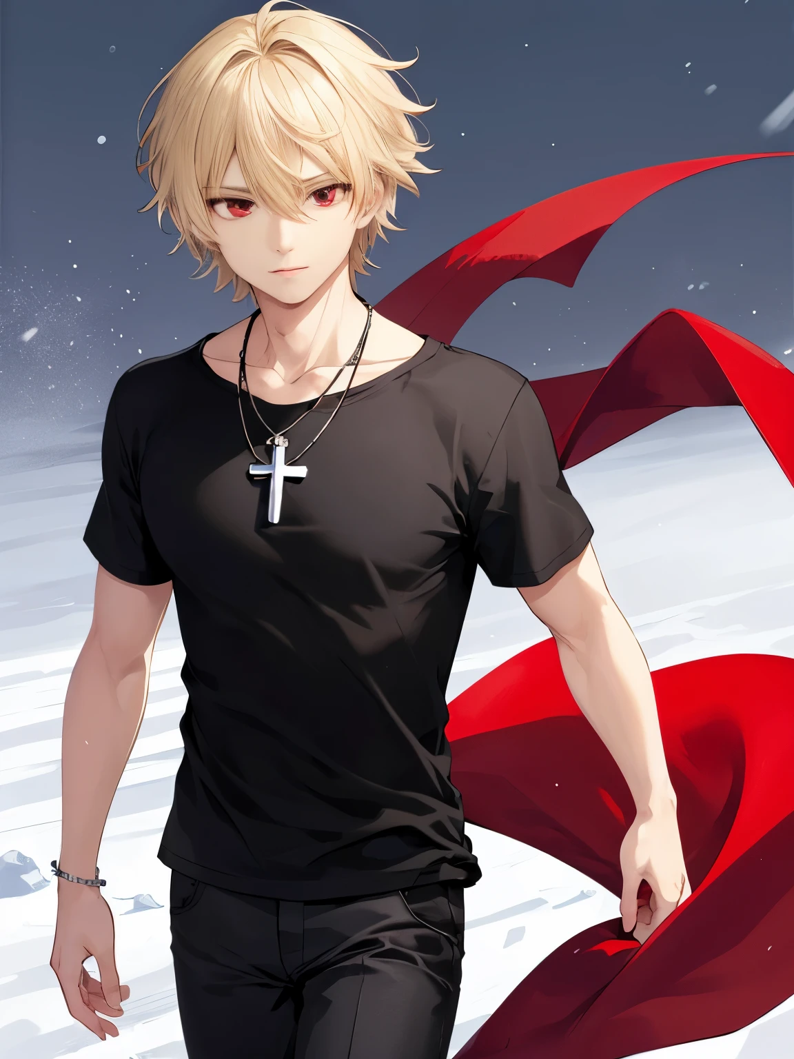 1 man,solo,20 years old,Walking in the snow, hair flying, Arms crossed,half body photo,HD face,cross necklace,handsome,messy hair,Perfect face, detailed face, short hair, blonde hair,black t-shirt, Plain t-shirt,black t-shirt,short sleeve t-shirt,black trousers, Long pants,red eyes,bright red eyes, vampire