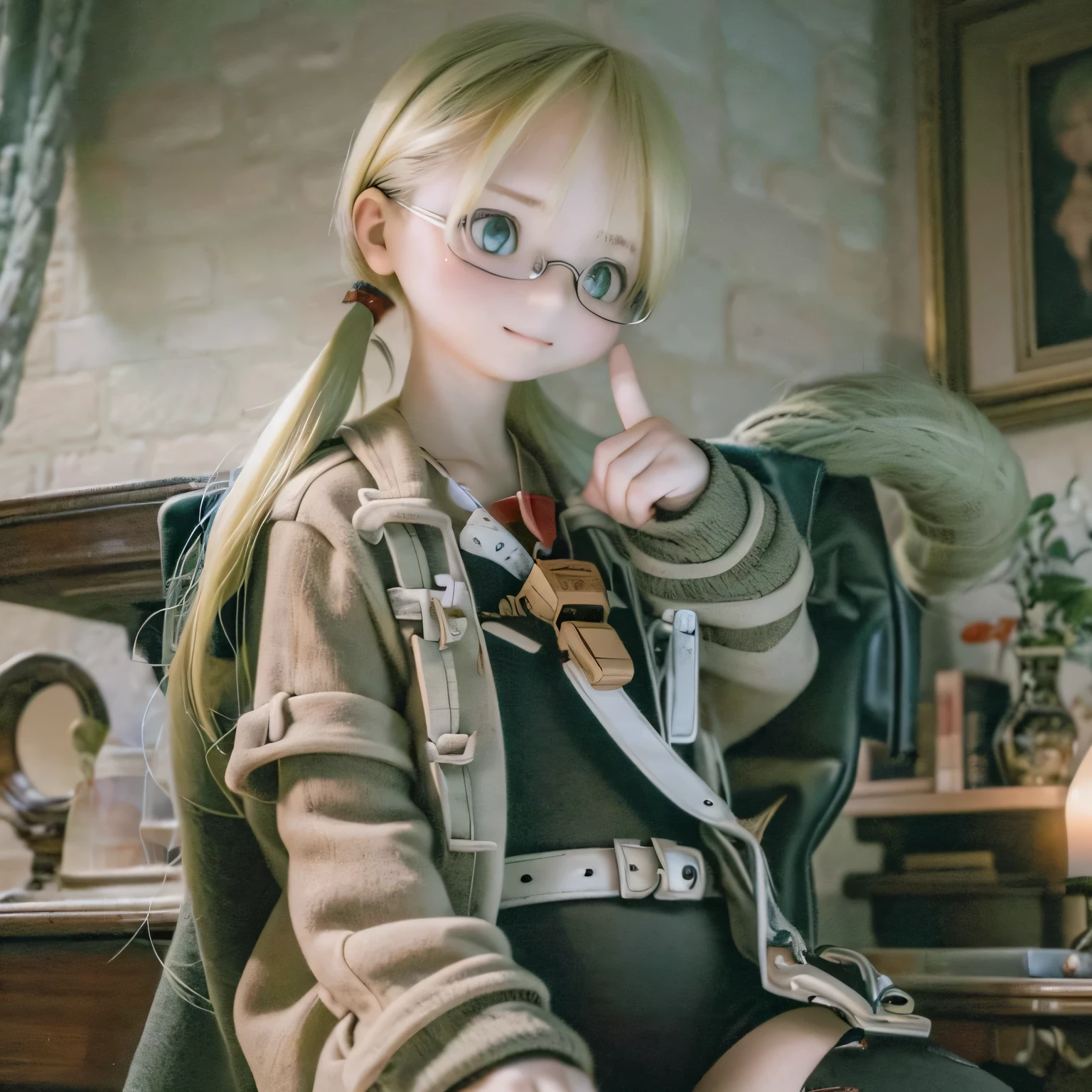 High quality and ultra-detailed masterpiece, a portrait of Rico from the anime serieade in Abyss" is depicted. Rico, Wearing distinctive black-rimmed glasses, She is captured with a gentle smile on her face.. The artwork is、Shows her straddling a unique blend of adventure and innocence.
Full-body portraits show expert-level realism and photorealism, Provide your audience with an engaging visual experience. The art style includes a distinct anime aesthetic, Perfectly captures the charm and essence of the character. The colors and tones used in the piece create a harmonious atmosphere.、作品wholeの魅力を高めています。.

The lighting in the composition、Emphasize the character&#39;s characteristics、Carefully crafted to evoke depth and dimension。. Adopting studio lighting technology、Creates a dynamic interplay of light and shadow。, Add a touch of drama and intrigue to the scene.

The attention to detail in the artwork is extraordinary, with every intricate aspect of Rico's appearance meticulously rendered. From the delicately drawn flow of hair、Even the delicately drawn eyes, nose, and lips, The level of detail shows the artist&#39;s technical mastery. The artwork successfully captures Rico's unique personality and brings her to life on the canvas.

whole, the masterpiece is an exquisite portrayal of Rico from the anime serieade in Abyss," Express her character and charm in a very detailed and artistic way. The artwork isリアリズムの要素を組み合わせています, anime aesthetics, Visually beautiful、Master craftsmanship to create emotionally resonant pieces.