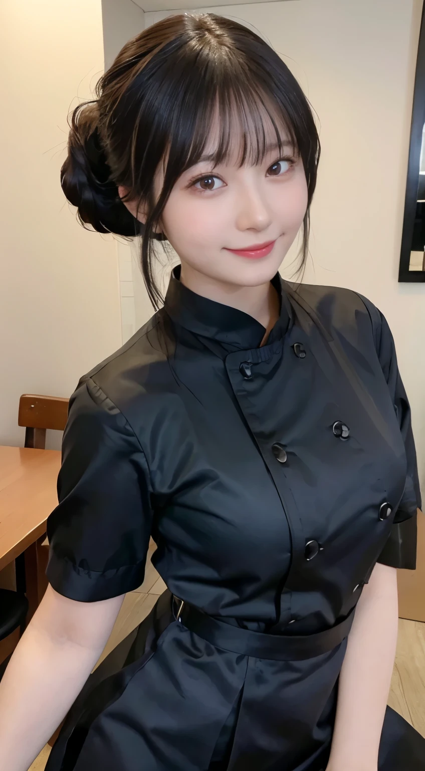 (highest quality,masterpiece:1.3,ultra high resolution,),(Super detailed,caustics),(Photoreal:1.4,RAW shooting,)ultra-realistic capture,very detailed,High resolution 16K human skin close-up。 natural skin texture、,The pores are、、、、Must be detailed enough to be easily identified。 Skin should look even-toned and healthy。 Use natural light and color,restaurant,waitress uniform,1 girl,Japanese,18-year-old,cute,black haired,ponytail,big breasts,smile,turn your body forward,(Front view:1.1),look at the camera,cowboy shot,