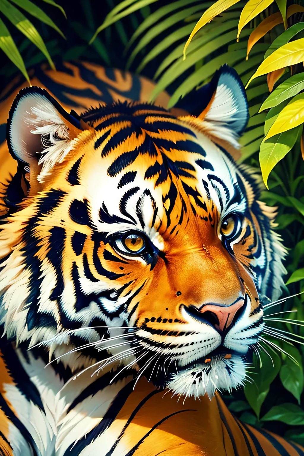 in the jungle、A pair of relaxing tigers、masterpiece, 最high quality, high quality, High resolution、((close up of face))
