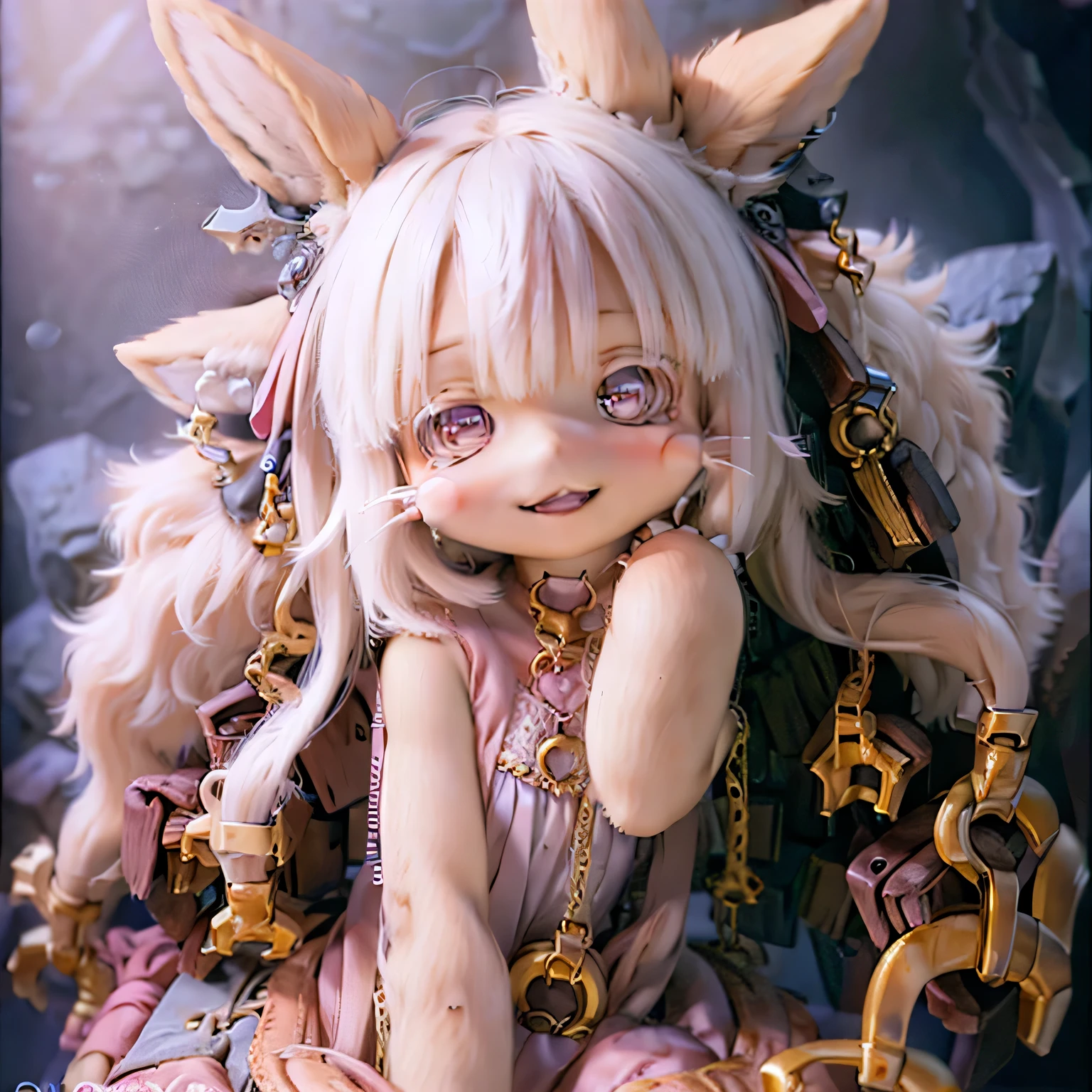 in the garden, Smiling girl, Similar to Nanachi from Made in Abyss. She is beautiful, Beautiful eyes and lips. girl (((Chibi Style,))) . The image quality is of the highest quality, Highly detailed and realistic features. The medium of this work is、Combining illustration and photorealistic rendering.. The colors are vivid、The lighting creates a warm and bright atmosphere。Casual Full Body(((((overalls)))))Contrasting 
expose one's stomach