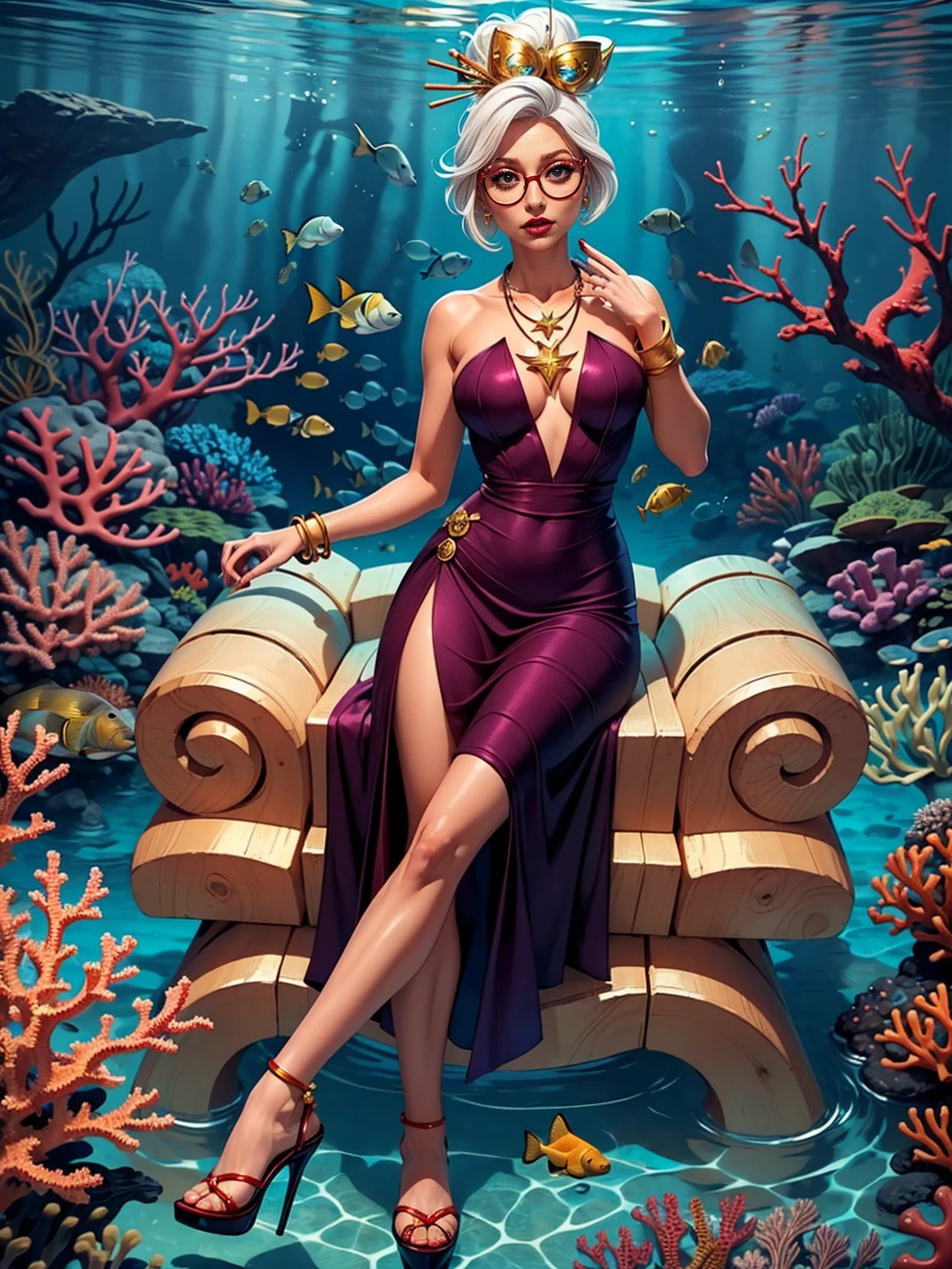 ((Shy, kawai, standing, ((muque pose)), cute, Masterpiece, Best Quality, Purah, White Hair, Red Eyes, Red Headband, Hair Ornament, Hair Sticks, Red Glasses)),  ((solo, 1woman, pink lipstick, Extremely detailed, ambient soft lighting, 4k, perfect eyes, a perfect face, perfect lighting, a 1girl)), austere, ((sitting on a throne, ((legs crossed, high heels, underwater, submerged in the ocean, deep sea, sea creatures, aqua)), sitting on her throne under; water, sea queen, mu yanling, Krenz Cushart and Artgerm, ((fish, coral)), shark, turtle, algae)), ((long dress, elegant orange dress , formal dress, dark orange dress, bracelets, ruby earrings, gold necklace, diamond, sovereign))