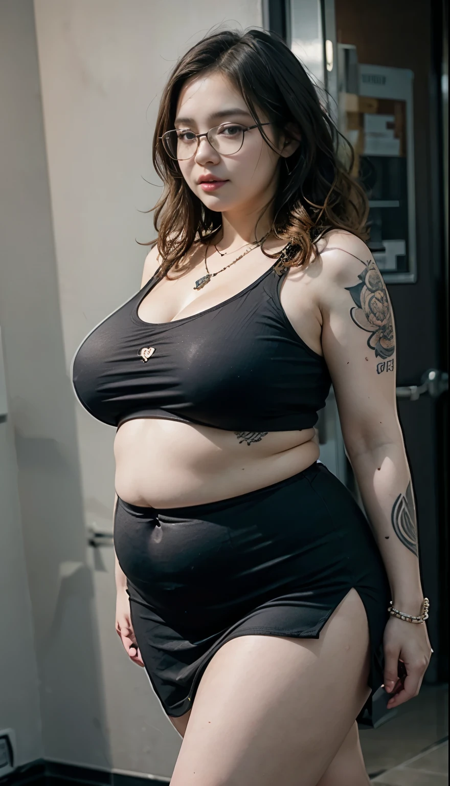 ((best quality)), ((masterpiece)), (detailed), perfect face, araffe woman in a long dark green shirt and 1/3 white denim skirt walking in black room , thicc, wavy short hair , yellow hair , she has a jiggly fat round belly, bbwchan, wearing tight simple clothes, skinny waist and thick hips, widest hips, her belly is fat and round, soft curvy shape, hyperrealistic full figure, wearing a cute top, wide hips, wearing 10 bracelet , wearing huge diamond necklace , slightly fat cheeks , glasses , fat arms , ethnic tattoo, (tattoo covering the whole body), (tattoo on the chest), (tattoo on the chest), tattoo on the arm, tattoo on the finger, (tattoo on the whole chest),