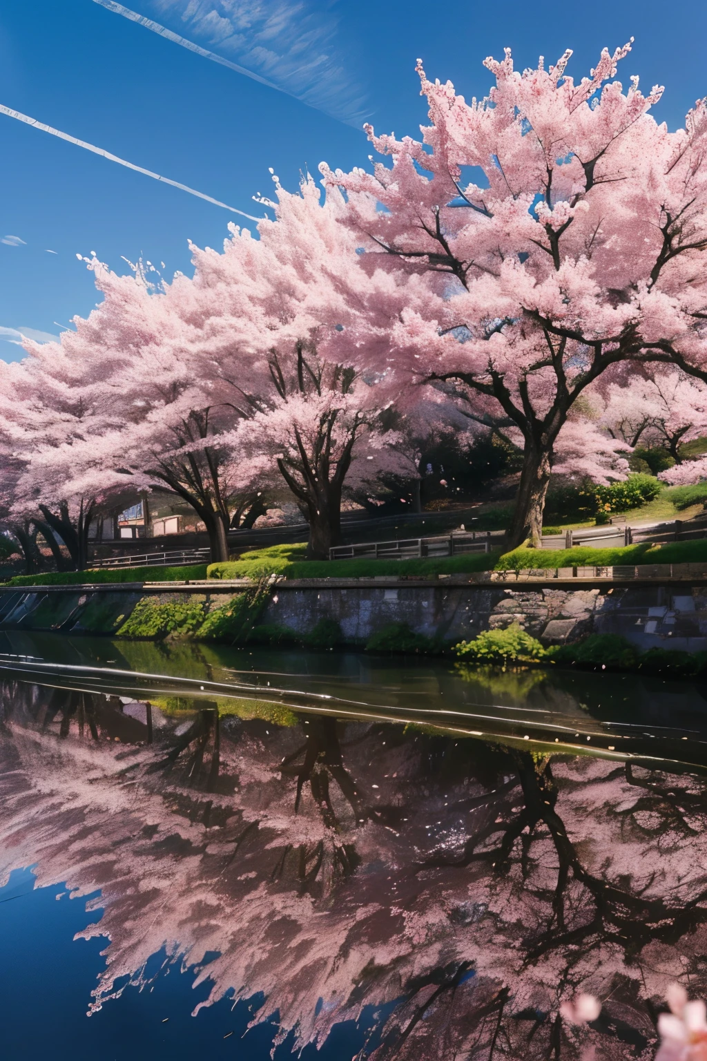 cherry blossom trees in a fantasy city