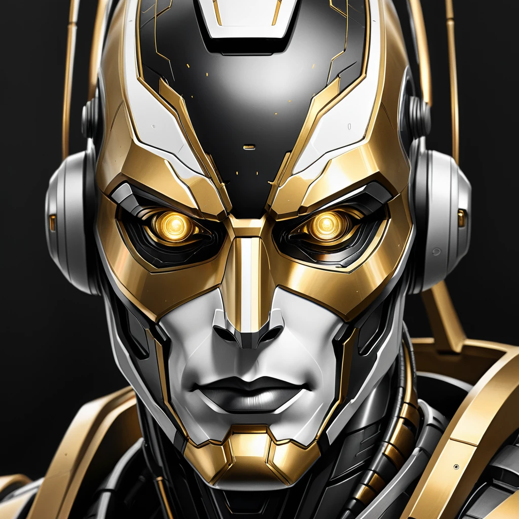 ，(character sketch:1.1)，(charcoal drawing:1.2)，Sketch，(pencil drawing:1.3)，Charcoal painting style，Black -white-gold ，character sketch, high resolution, 1man, Solo, (Detailed face), kda，bioluminic, Black and white and gold colors galactic cybernetic mask, (abstracted, Make a sketch of a robot with high technology:1.5), Part description, SH4G0D,