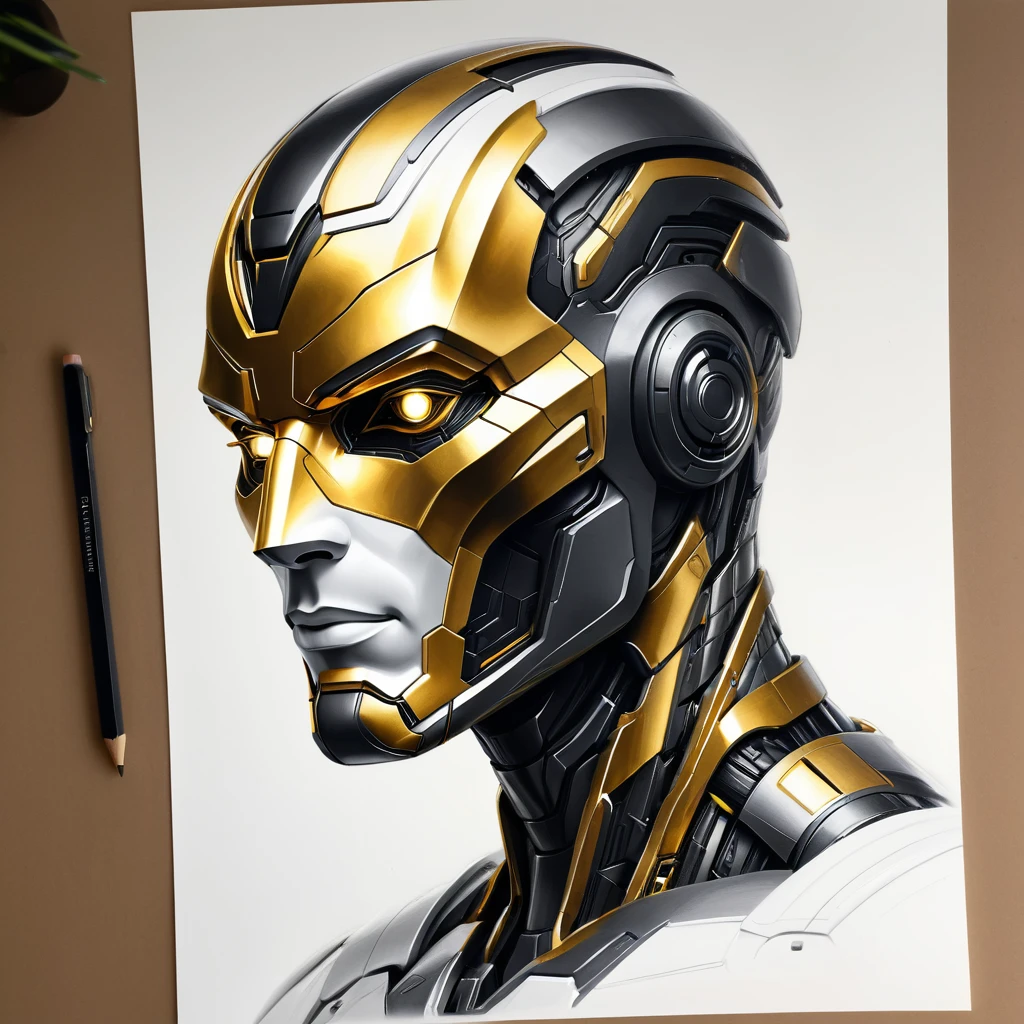 ，(character sketch:1.1)，(charcoal drawing:1.2)，Sketch，(pencil drawing:1.3)，Charcoal painting style，Black -white-gold ，character sketch, high resolution, 1man, Solo, (Detailed face), kda，bioluminic, Black and white and gold colors galactic cybernetic mask, (abstracted, Make a sketch of a robot with high technology:1.5), Part description, SH4G0D,