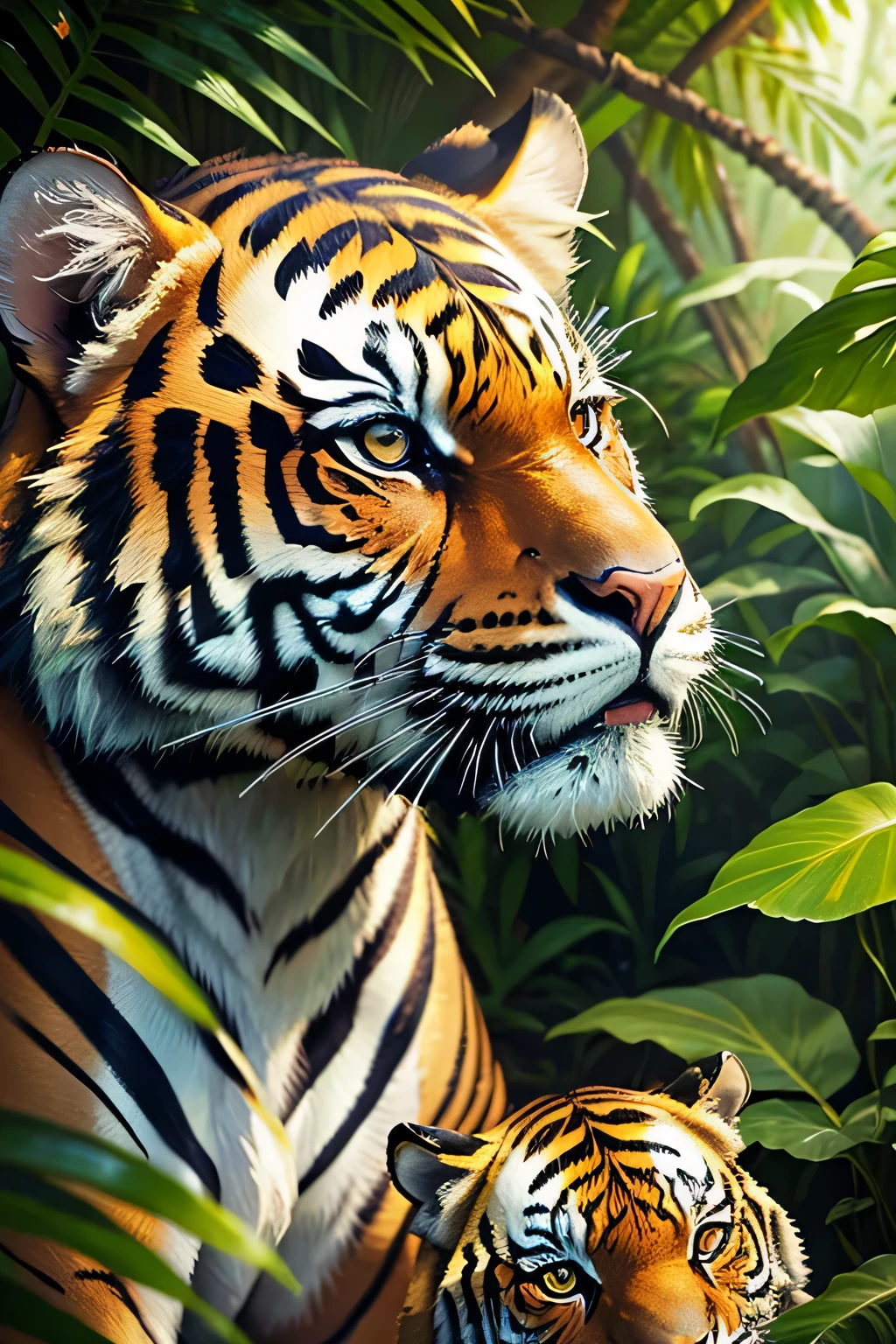 in the jungle、A pair of relaxing tigers、masterpiece, 最high quality, high quality, High resolution、((close up of face))