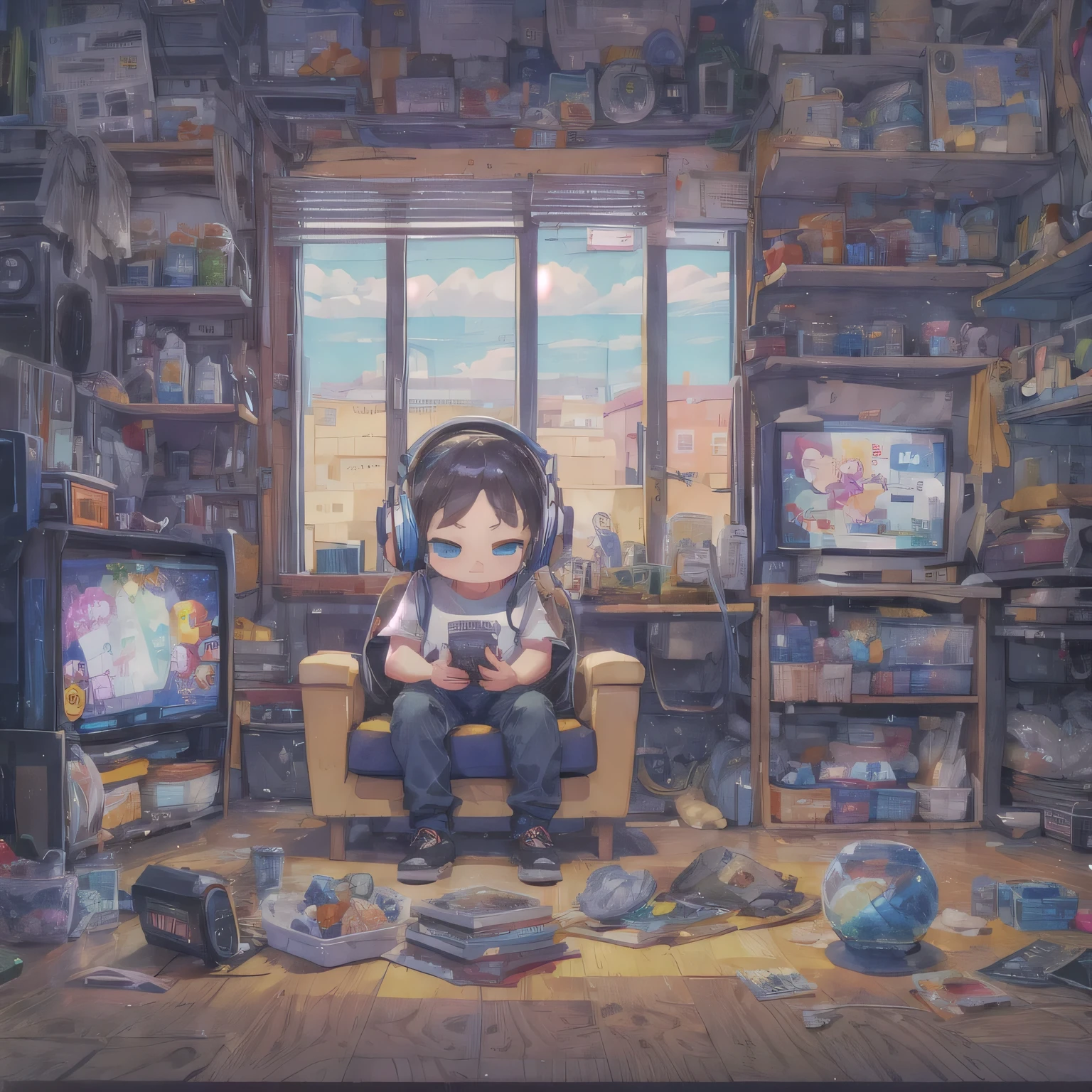 pixel art, fishbowl, fishbowl속 물고기, It's crowded with TVs and miscellaneous things.., a man sitting on trash, An entertainment program is playing on TV.., container, fishbowl을 바라보는 고양이, Handsome man, wear a headset, precise hand