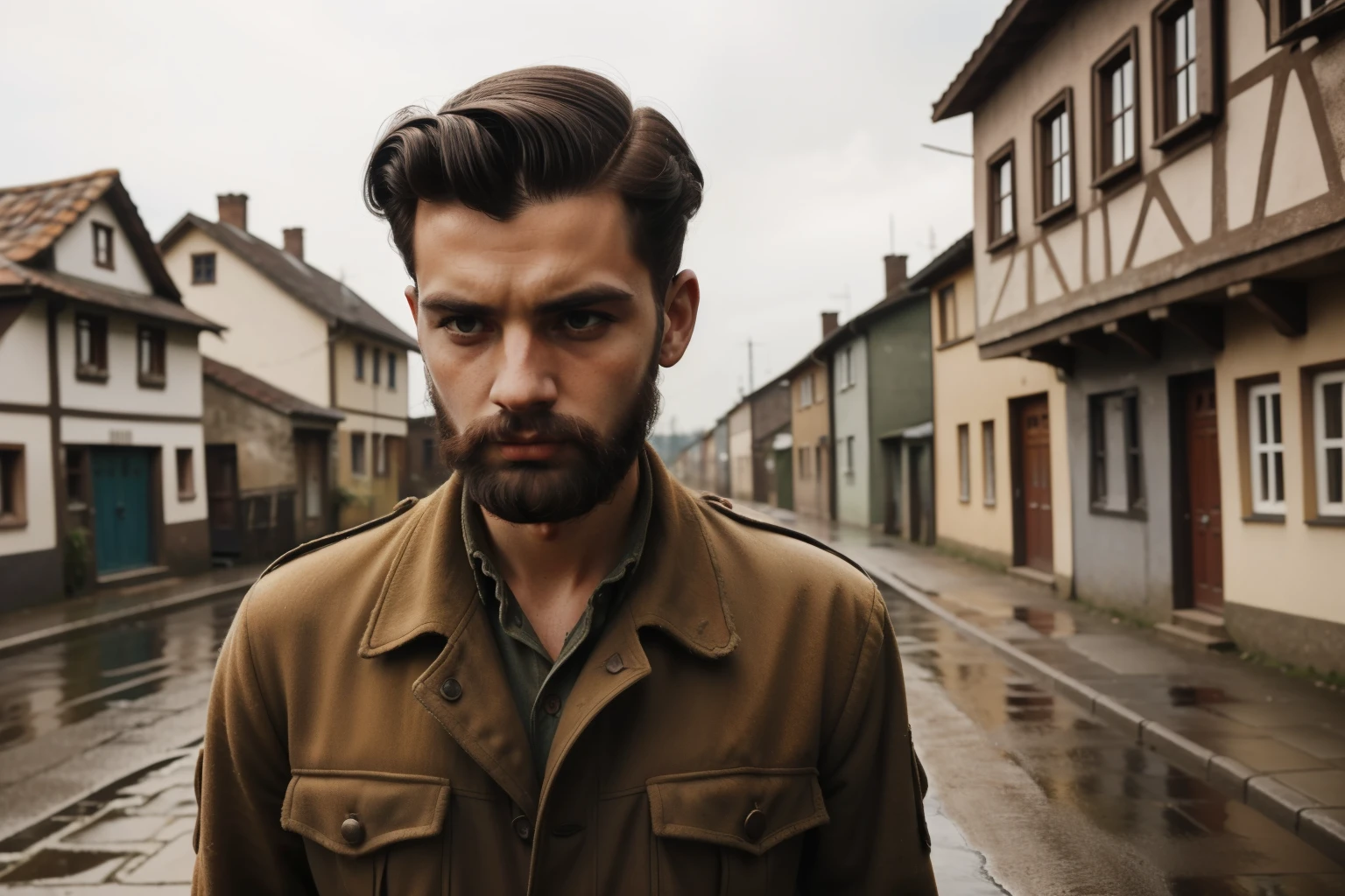 Molching, Germany, 1943. ((((27-year-old)) Max Vandenburg)), swampy eyes, thin, jew, cunning, crafty, sharp features, week, unkempt, standing in the village street, staring with ((devastated sorrow grief expression)). ((((raggedy poor clothings from the 1940s)))), ((dark hairstyle of the 1940s))