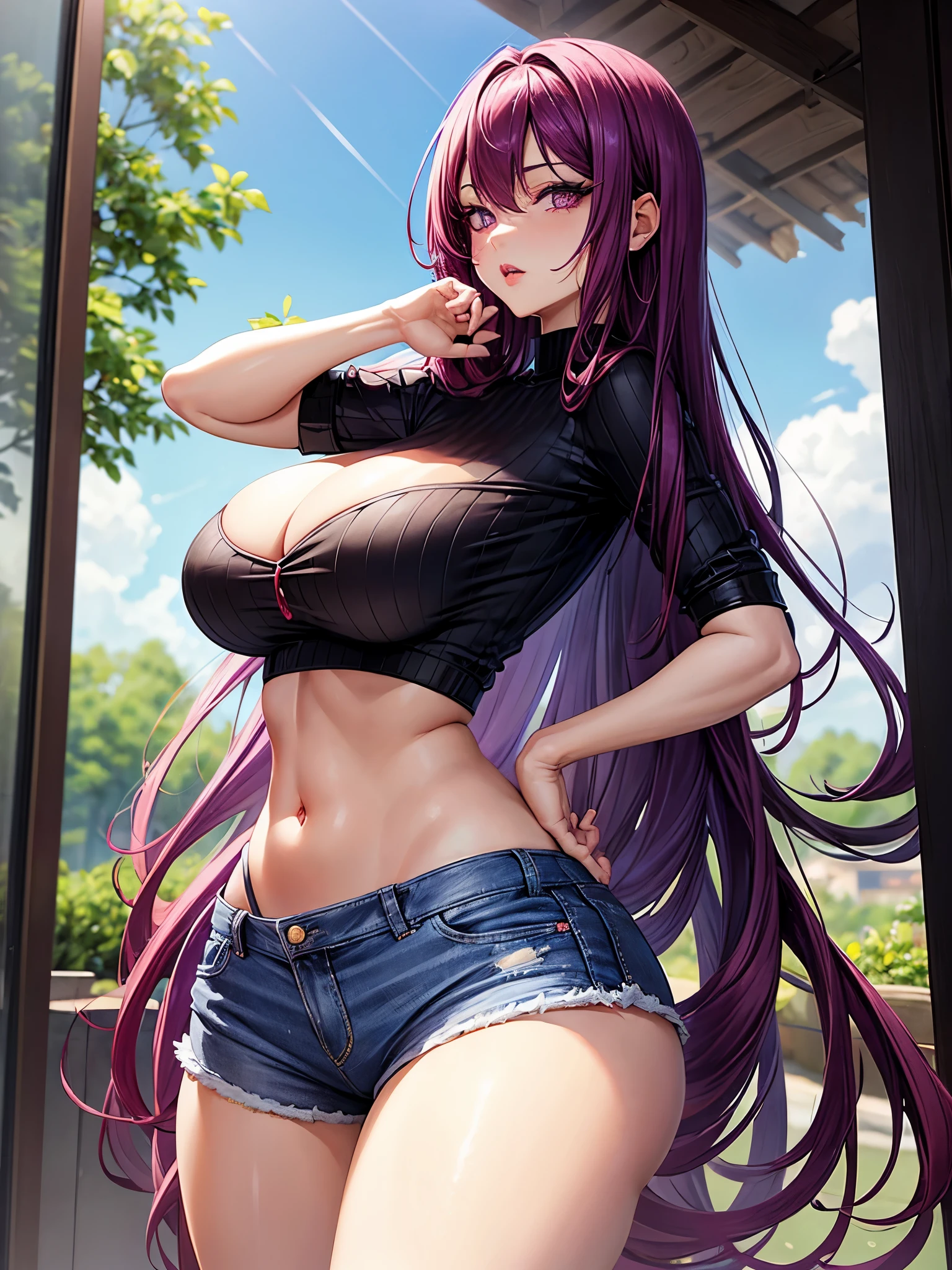1 girl, red-purple hair, very long hair, violet eyes, beautiful eyes, big eyes, big lips, glossy lips, very curvy body, big breasts, long legs, big butt, wide hips, thick thights, defined image, seductive gaze, croptop, skinny jeans, sunny day