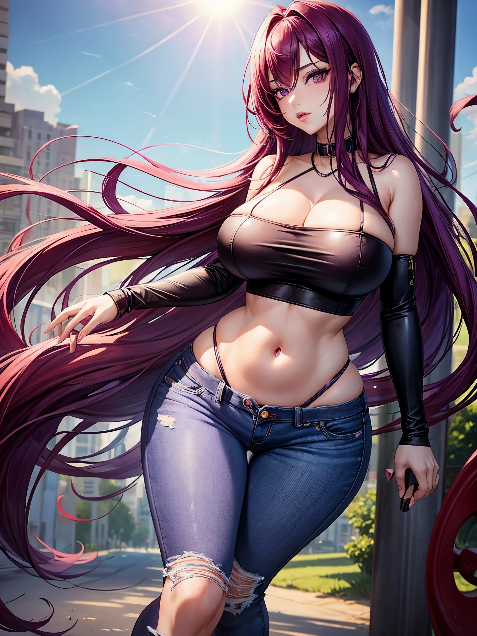 1 girl, red-purple hair, very long hair, violet eyes, beautiful eyes, big eyes, big lips, glossy lips, very curvy body, big breasts, long legs, big butt, wide hips, thick thights, defined image, seductive gaze, croptop, skinny jeans, sunny day