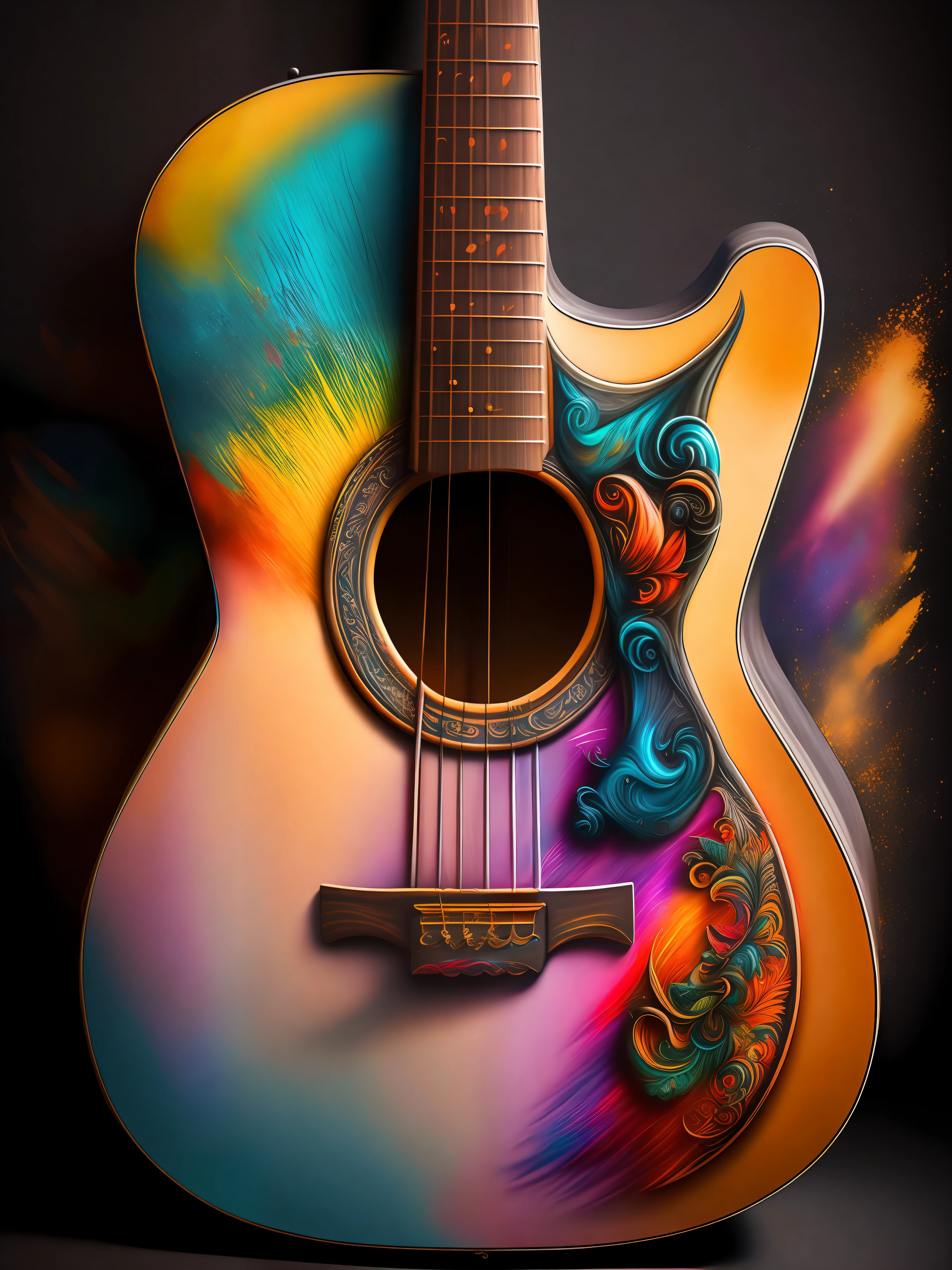 the graffiti style of classic guitar, ((soft colorful, rich colors,high detailed, masterpiece,natural lighting, high quality, graffiti style))