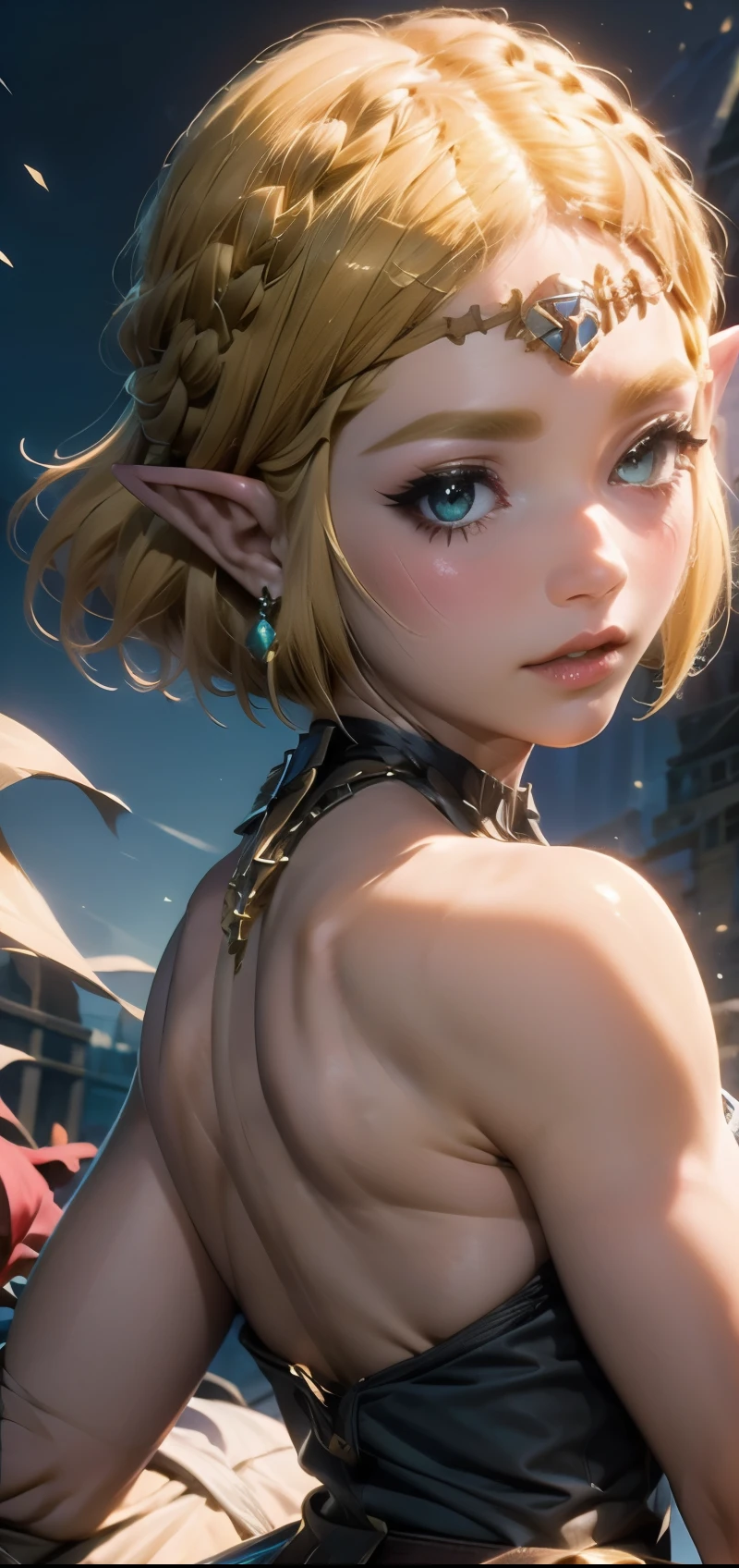 (((Best Quality))), ((Ultra-detailed)), (extremely detailed photo), ((extremely delicate and beautiful)),(Cute delicate face), ((masterpiece)), perfect anatomy, intricate, (highly detailed), masterpiece, photorealistic,A 23 years old dignified Princess Zelda,(Background of Hyrule Castle),(holding Master Sword),tall girl,(gold hair and crown braid and short hair and blue eyes),(Dynamic pose),alone, double eyelid,delicate skin,slender body shape,Legend of Zelda tears of the kingdom