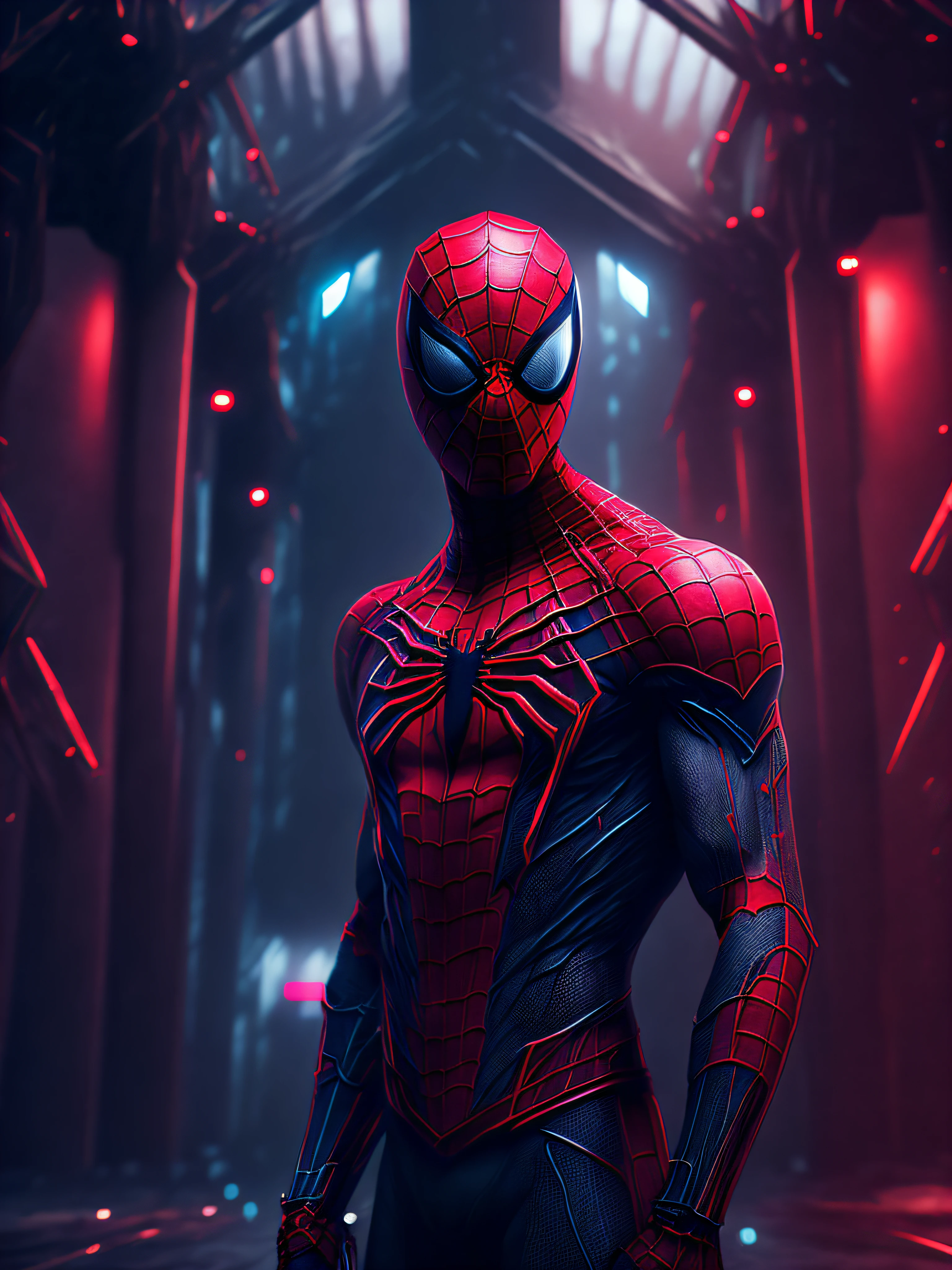 gloomy portrait of Bloody Spider-Man from Marvel with intricate angular cybernetic implants inside a brutalist building, gothic brutalist cathedral, cyberpunk, award-winning photo, bokeh, neon lights, cybernetic limb