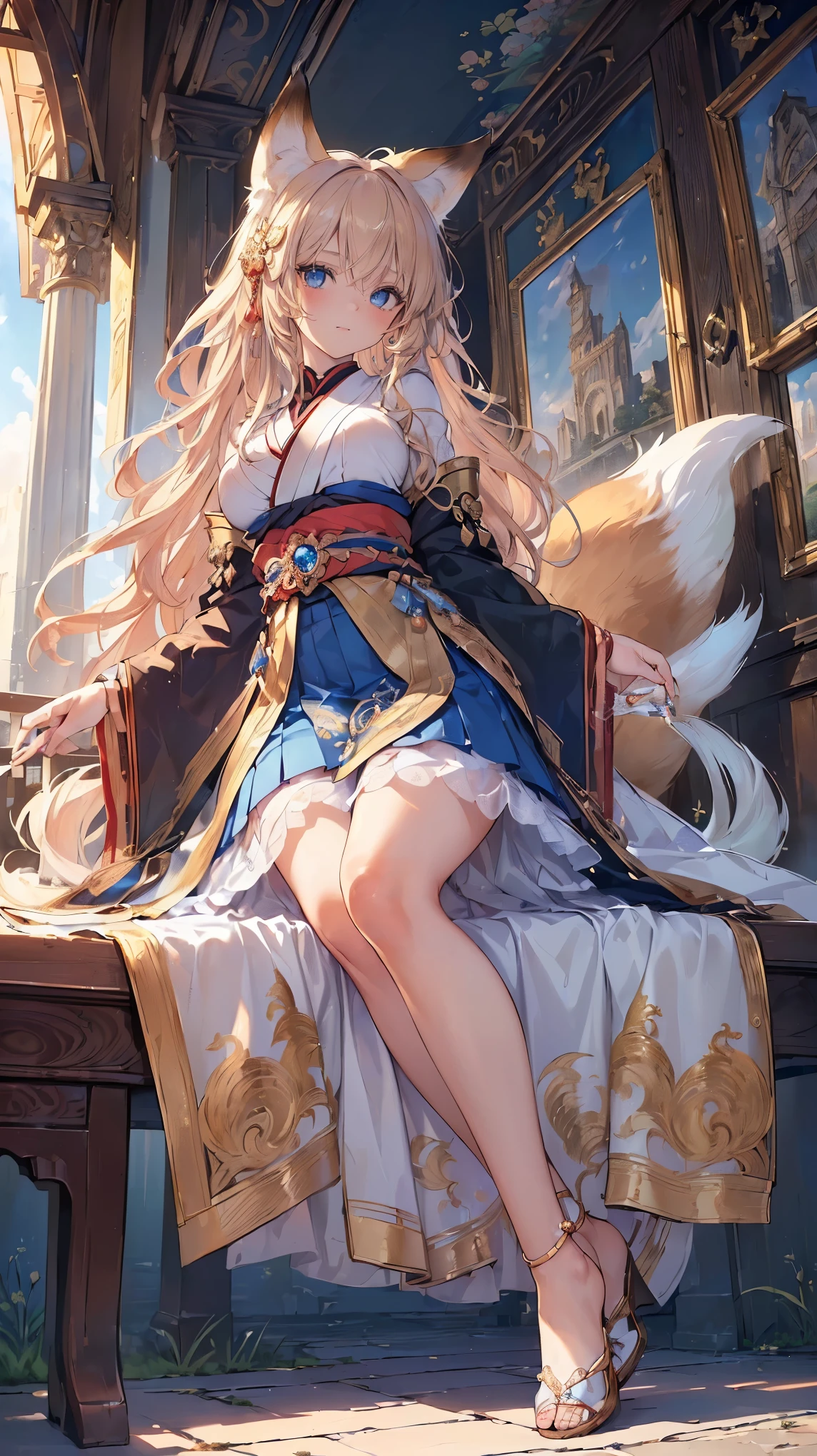 (((masterpiece))), (((highest quality))), ((ultra-detailed)), ((super fine illustration)), ((ultra-fine painting)), (16K highest quality wallpaper:1.4), Chibi:2.0), (Full body:1.6), HDR, (Highly detailed and delicate illustration style:1.8), detailed skin texture, detailed cloth texture, extreme detailed description, (T-masterpiece), (Highly detailed face:1.2), (highly detailed fox ears:1.2), (highly detailed shiny golden brown curly hair:1.2), (highly detailed beautiful blue eyes:1.2), (highly detailed nine fox tails:1.2), Original, RAW photo, Professional, intricate details, super details, direct light:1.6, (Perfect anatomy:1.4), (highly detailed hands:1.2), (highly detailed fingers:1.2), (highly detailed fingertips:1.2), (23-years-old), real, (solo:1.6), (A mysterious and sacred fox women with nine tails and blue eyes who is an idol, messenger of the gods, and a shrine maiden:1.4) BRAKE (beautiful and adorable fox ears:1.6), (highly detailed and delicate fox ears:1.2), (beautiful and adorable fox nine tails:1.2), (highly detailed and delicate fox nine tails:1.2), (beautiful and well-shaped big breasts:1.2), (beautiful and well-shaped buttocks), (beautiful and shiny golden brown curly hair:1.6), (highly detailed and delicate golden brown curly hair:1.6), (beautiful clear blue eyes that shine with great detail:1.6), (highly detailed and delicate blue eyes:1.2), (Highly detailed face:1.4), (smile:1.3), (blush:1.2), (looking at viewer:1.4) BRAKE ((Bright dark brown jacket:1.5), (Collared shirt:1.4), (Tiered skirt:1.4)) BRAKE ((Highly detailed and beautiful streets of European capitals in the background just after noon in spring:1.6), (Just after noon:1.4), Very detailed and delicate streets of European capitals:1.2) BRAKE