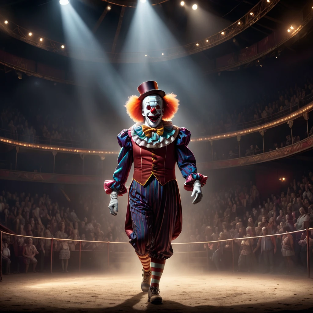 High Resolution, High Quality, Masterpiece. Only one a spotlight beam from the side and from above in a dusty smoky circus highlights a lone clown in the arena. 32k resolution, dramatic studio lighting, photorealistic concept art complemented by detailed acrylic techniques, intricate complexity, ultra HD, vivid colors, perfectly composed with soft, natural, volumetric, cinematic lighting, created in Unreal Engine, ultra hd, realistic, vivid colors, highly detailed, UHD drawing, pen and ink, perfect composition, beautiful detailed intricate insanely detailed octane render trending on artstation, 8k artistic photography, photorealistic concept art, soft natural volumetric cinematic perfect light, 32k ultra-resolution, soft natural light evoking cinematic